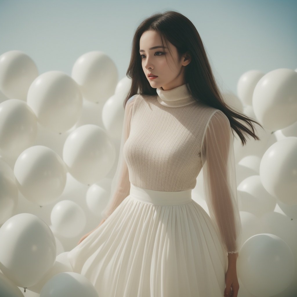  breathtaking cinematic film still, Cowboy_Shot, ((__clothes_female/blouse styles衬衫款式/blouse__)), Erdem Moralioglu(厄德姆·莫拉利奥卢), a cinematic fashion portrait photo of beautiful young woman from the 90s wearing a red turtleneck standing in the middle of a ton of white balloons, dramatic lighting, taken on a hasselblad medium format camera, looks like liuyifei, white balloon, shallow depth of field, vignette, highly detailed, high budget, bokeh, cinemascope, moody, epic, gorgeous, film grain, grainy . award-winning, professional, highly detailed,sc,monkren