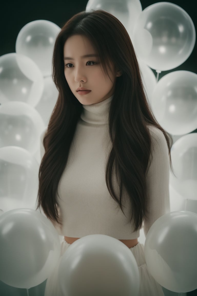  breathtaking cinematic film still, Cowboy_Shot, blouse ,, a cinematic fashion portrait photo of beautiful young woman from the 90s wearing a red turtleneck standing in the middle of a ton of white balloons, dramatic lighting, taken on a hasselblad medium format camera, looks like liuyifei, white balloon, shallow depth of field, vignette, highly detailed, high budget, bokeh, cinemascope, moody, epic, gorgeous, film grain, grainy . award-winning, professional, highly detailed,sc,monkren