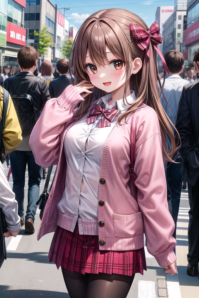 insanely detailed, absurdres, ultra-highres, ultra-detailed, best quality,1girl, solo, nice hands, perfect hands,BREAK(School Uniforms:1.2), (pink cardigan is fit body:1.4), ((do up a buttons, not loose):1.5), ((long sleeve, sleeves past wrists):1.2), (inner wear is white collared-shirt:1.3), (red plaid-pattern bow:1.3), (red plaid-pattern pleated skirt:1.3), ((dark-brown pantyhose, loafers):1.2) BREAKhappy smile, laugh, open mouth, standing,from side,cute pose, cowboy shot,BREAKslender, kawaii, perfect symmetrical face, ultra cute girl, ultra cute face, ultra detailed eyes, ultra detailed hair, ultra cute, ultra beautiful,BREAKin harajuku, shibuya, tokyo, street, crowd, cityscape,BREAKmedium large breasts,(brown hair, brown eyes), hime cut