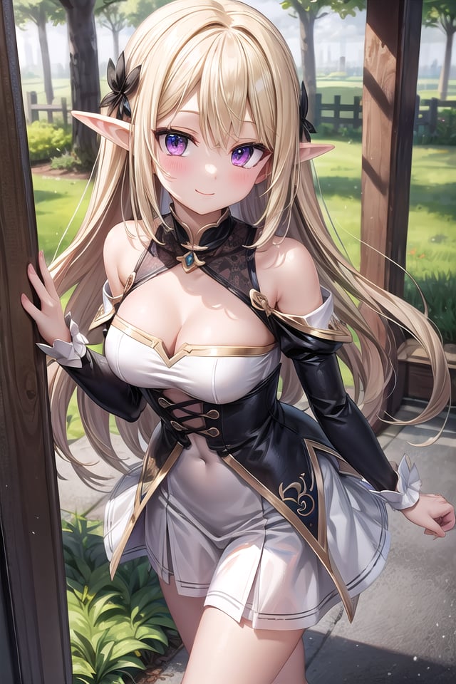 insanely detailed, absurdres, ultra-highres, ultra-detailed, best quality,1girl, solo, nice hands, perfect hands,BREAKwearing dress,happy smile, laugh, closed mouth,walking,from above, cowboy shot,BREAKslender, kawaii, perfect symmetrical face, ultra cute girl, ultra cute face, ultra detailed eyes, ultra detailed hair, ultra cute, ultra beautiful,BREAKin forest,BREAKelf girl, blonde hair, elf ear, pink eyes, medium breasts