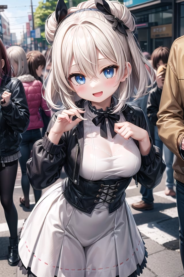 insanely detailed, absurdres, ultra-highres, ultra-detailed, best quality,1girl, solo, nice hands, perfect hands,BREAK(wearing harajuku-style coordinate),happy smile, laugh, open mouth,dynamic pose,45 angle, cowboy shot,BREAKslender, kawaii, perfect symmetrical face, ultra cute girl, ultra cute face, ultra detailed eyes, ultra detailed hair, ultra cute, ultra beautiful,BREAKin harajuku, shibuya, tokyo, street, crowd, cityscape,medium large breasts,BREAK, (white) blonde hair, medium hair, messy hair, blue eyes, hair between eyes