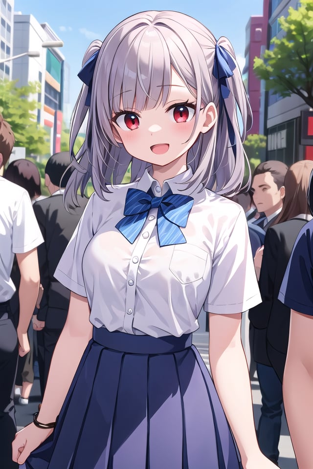 insanely detailed, absurdres, ultra-highres, ultra-detailed, best quality,1girl, solo, nice hands, perfect hands,BREAKsummer school uniform with indigo blue bowtie, (short sleeves, dark blue skirt, pleated skirt:1.3), (indigo blue:1.3) bowtie, (white shirt:1.3), shirt with white button, (skirt with many pleats:1.4), plain shirt, plain skirt, (striped bowtie:1.3), shirt_tucked_in BREAKhappy smile, laugh, open mouth, standing,(45 angle:-1.5), (from side:-1.5),cute pose, cowboy shot,BREAKslender, kawaii, perfect symmetrical face, ultra cute girl, ultra cute face, ultra detailed eyes, ultra detailed hair, ultra cute, ultra beautiful,BREAKin harajuku, shibuya, tokyo, street, crowd, cityscape,BREAKmedium large breasts,(grey hair, red eyes), 