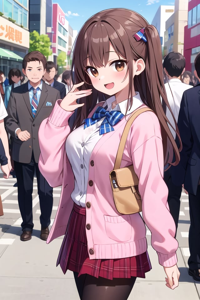 insanely detailed, absurdres, ultra-highres, ultra-detailed, best quality,1girl, solo, nice hands, perfect hands,BREAK(School Uniforms:1.2), (pink cardigan is fit body:1.4), ((do up a buttons, not loose):1.5), ((long sleeve, sleeves past wrists):1.2), (inner wear is white collared-shirt:1.3), (red plaid-pattern bow:1.3), (red plaid-pattern pleated skirt:1.3), ((dark-brown pantyhose, loafers):1.2) BREAKhappy smile, laugh, open mouth, standing,from side,cute pose, cowboy shot,BREAKslender, kawaii, perfect symmetrical face, ultra cute girl, ultra cute face, ultra detailed eyes, ultra detailed hair, ultra cute, ultra beautiful,BREAKin harajuku, shibuya, tokyo, street, crowd, cityscape,BREAKmedium large breasts,(brown hair, brown eyes), hime cut