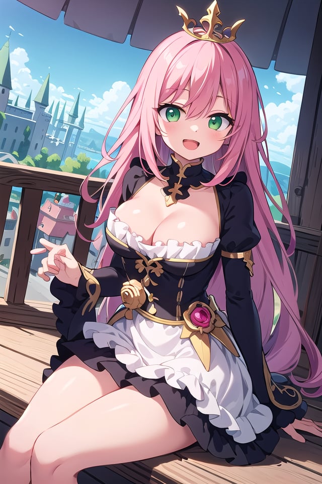 insanely detailed, absurdres, ultra-highres, ultra-detailed, best quality,1girl, solo, nice hands, perfect hands,BREAKprincess, princess dress with many frills, teara on hair,happy smile, laugh, open mouth,sitting, cute pose,from below, cowboy shot,BREAKslender, kawaii, perfect symmetrical face, ultra cute girl, ultra cute face, ultra detailed eyes, ultra detailed hair, ultra cute, ultra beautiful,BREAKon roof of castle, (fantasy world, castle, panorama view:1.3), depth of field,medium large breasts,BREAKpink hair, long hair, messy hair, green eyes, hair between eyes