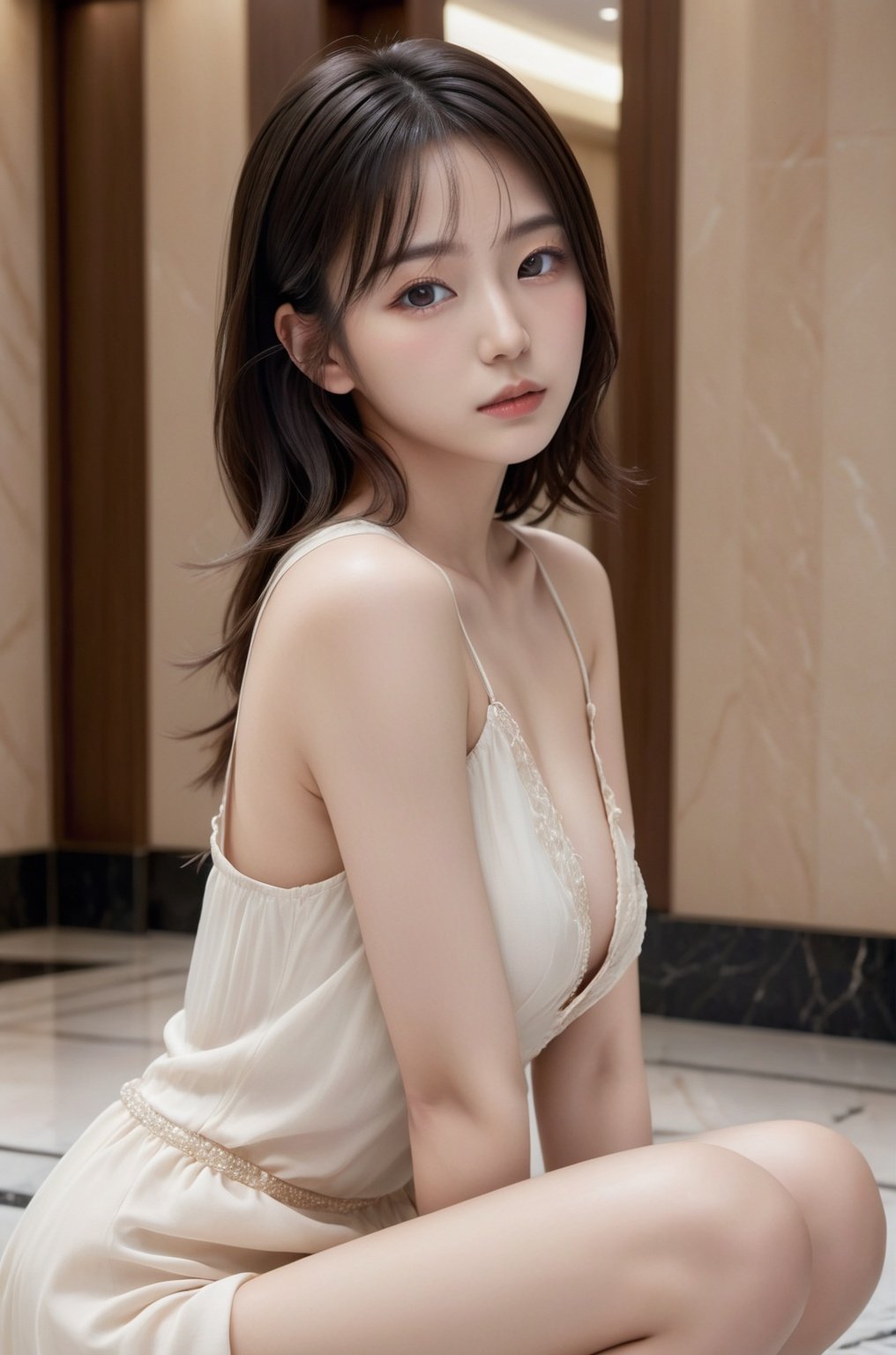 jpn-girl, Professional portrait photography of the face of a beautiful girl with (glossy nude lips) with black eyes, Nikon Z9, looking at the camera, realistic matte skin, highly detailed, skin texture visible, 20 yo,woman wearing dress,blurry background, 
Luxury hotel lobby with marble floors,
,