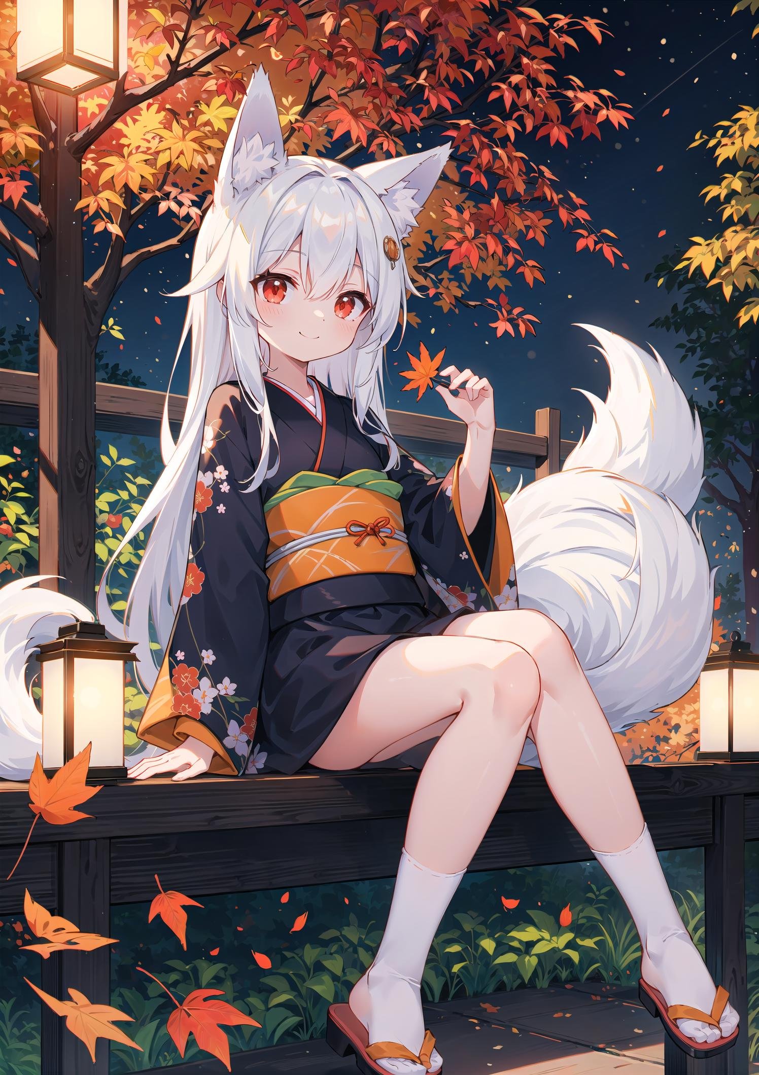 ((masterpiece:1.4, best quality)), ((masterpiece, best quality)),girl sitting in a Japanese-style garden, featuring white,red and orange lights,wearing a futuristic kimono,white hair,red eyes,smile,fox ears,falling autumn leaves,night