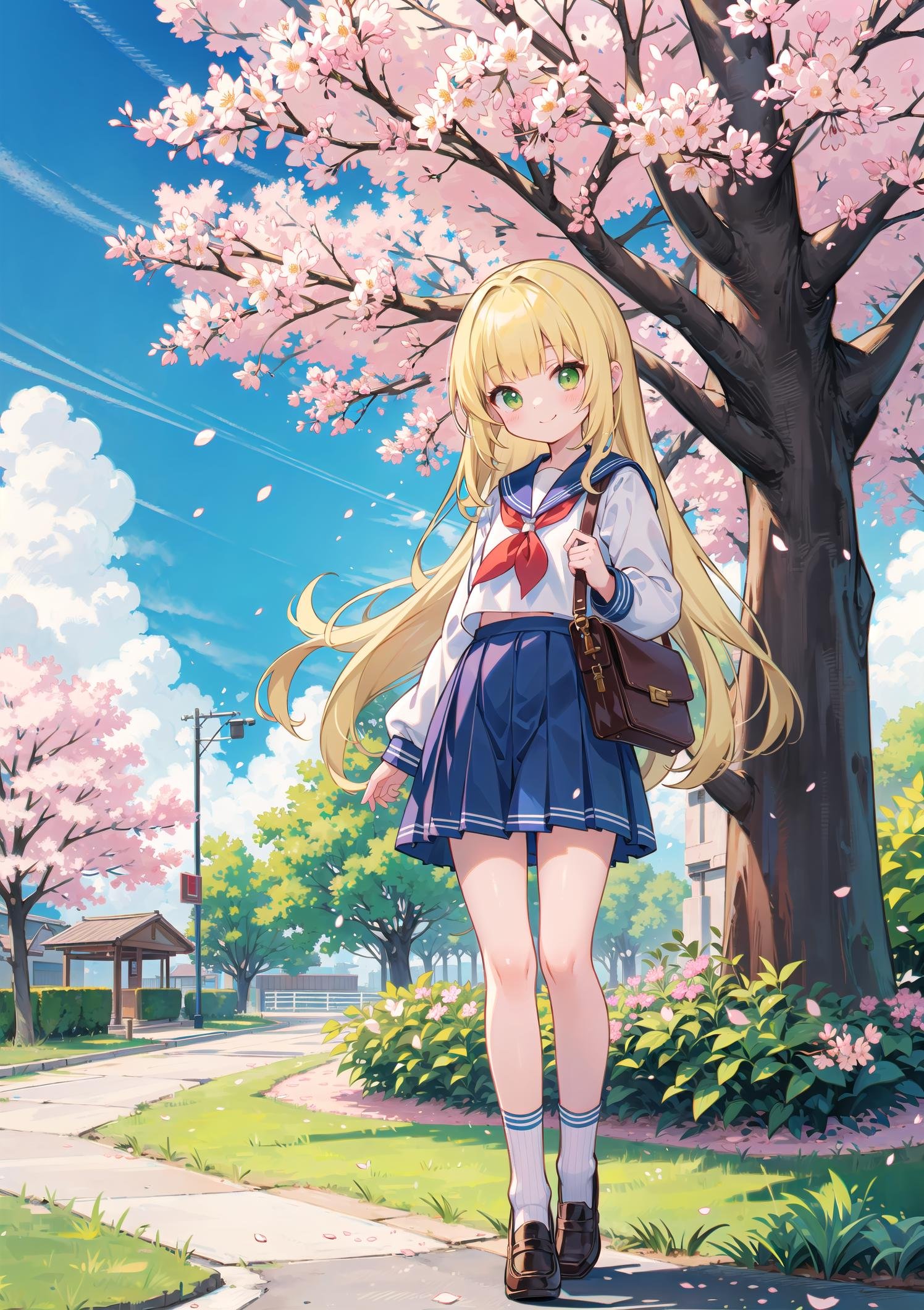 cute little girl standing in front of the school gate,blonde hair,green eyes,long hair,(blunt bangs),(sailor uniform:1.3),loose socks,loafers,full body,smile,kawaii,cowboy shot,concept art,cherry blossom tree,blue sky, 