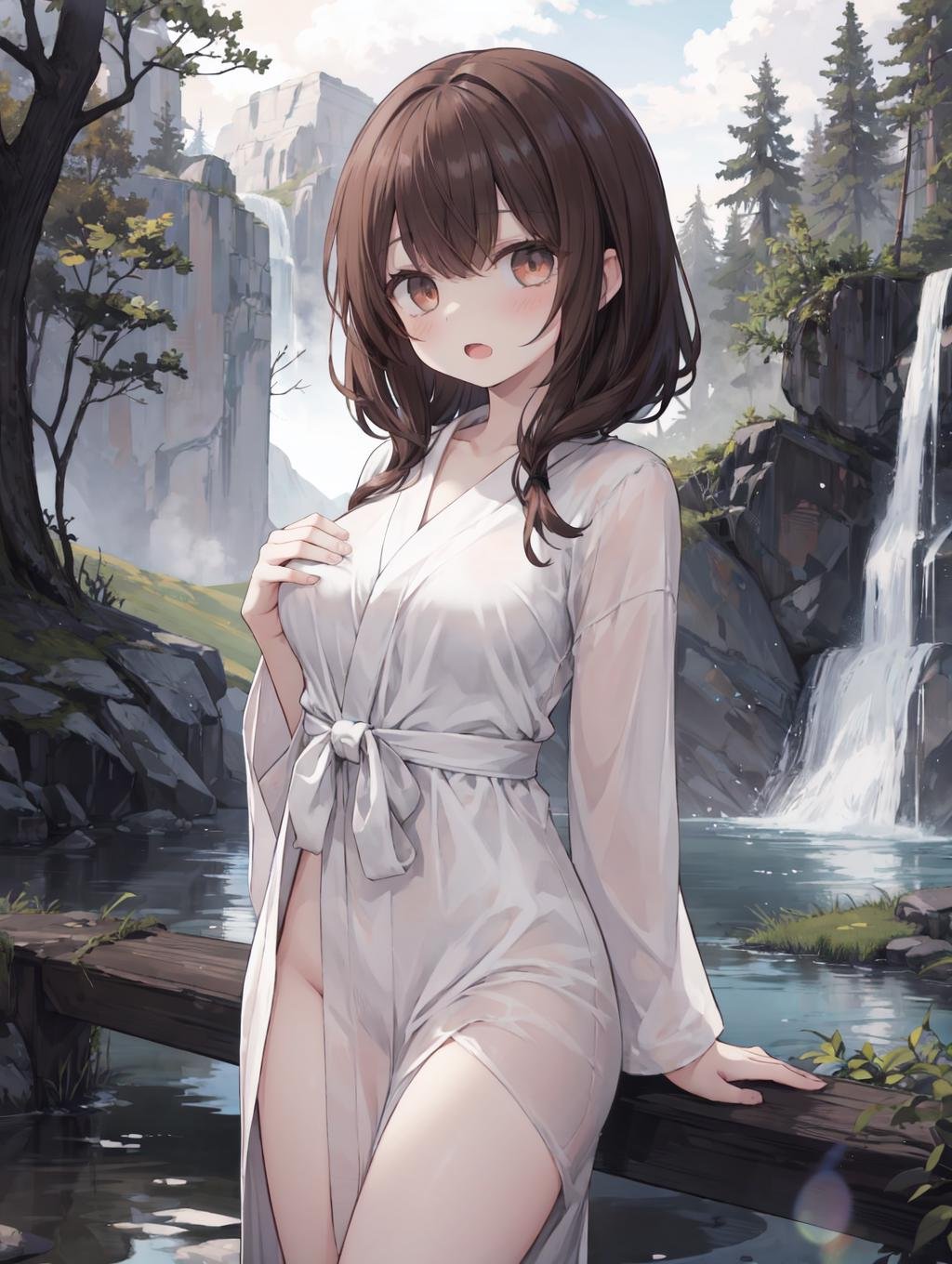 (masterpiece, best quality, highres:1.2), 4girls, medium breasts, teenage, twilight, forest, valley, water, waterfall, monochrome, curly hair, brown hair, swept bangs, peach eyes, face to face, bathrobe, gloom \(expression\), open mouth, cowboy shot