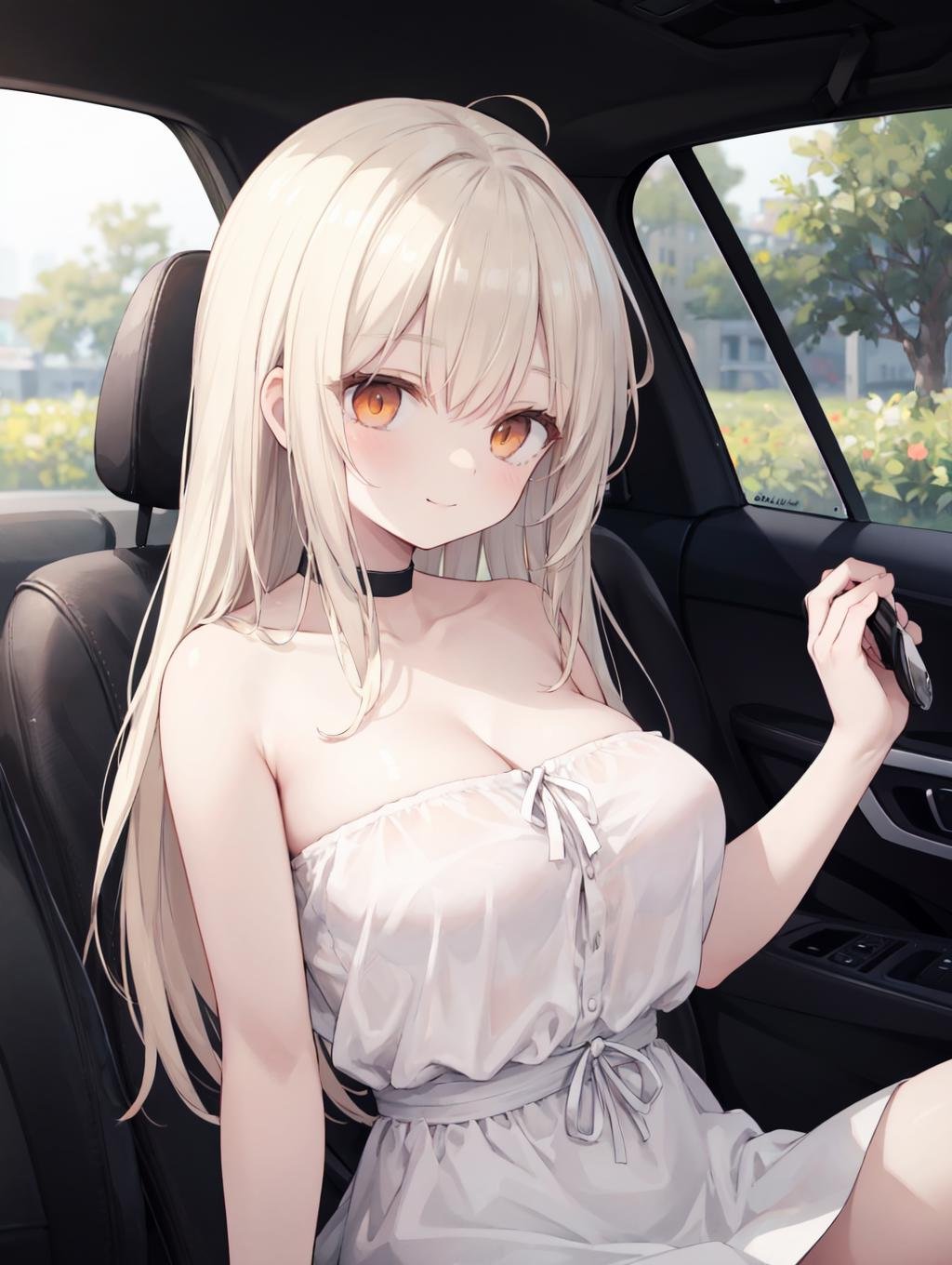 (masterpiece, best quality, highres:1.2), large breasts, slim, straight hair, platinum blonde hair, asymmetrical bangs, orange eyes, sad, closed mouth, 1girl, car interior, sunglasses, sitting, driving, smile, handle, looking away, bandeau