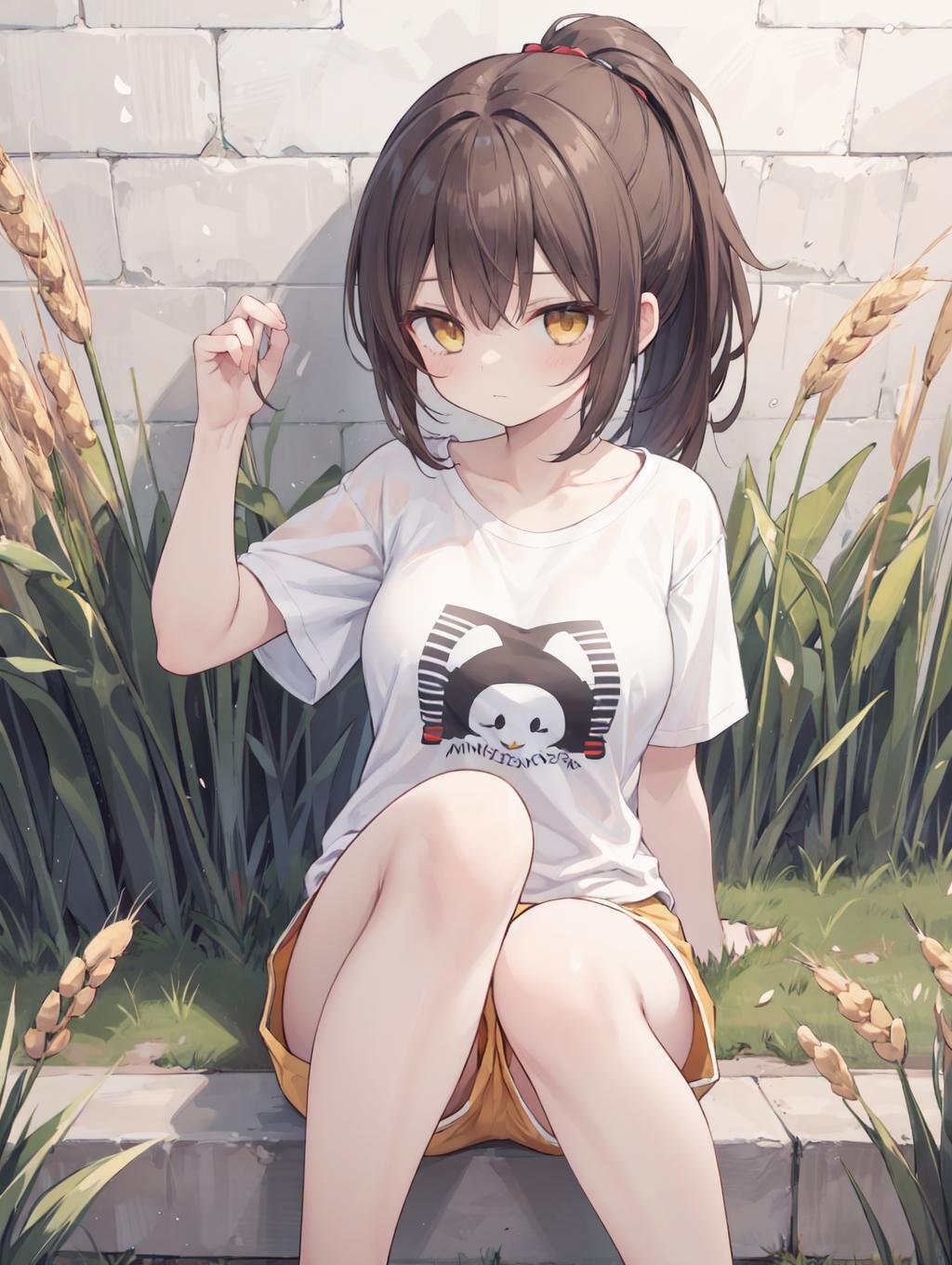 (masterpiece, best quality, highres:1.2), 1girl, medium breasts, slim, winter, field of wheat, illustration, short ponytail, ash brown hair, widow's peak, yellow eyes, Leaning against a wall, t-shirt, dolphin shorts, cool face, closed mouth, feet out of frame