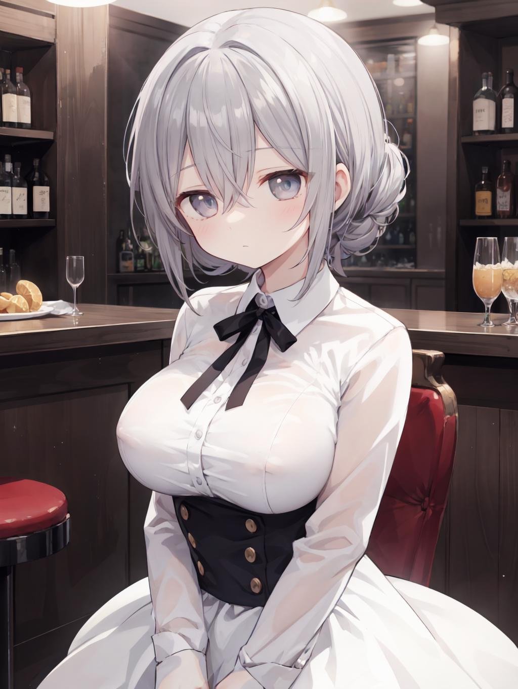 (masterpiece, best quality, highres:1.2), 5girls, medium breasts, spring, bar, bright skin, prom hairstyle, grey hair, hair between eyes, Sapphire eyes, breast suppress, dress shirt, petticoat, (empty eyes:1.3), expressionless, very wide shot