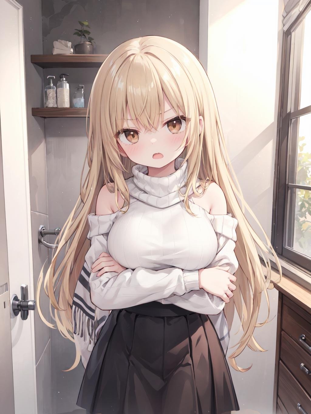 (masterpiece, best quality, highres:1.2), 1girl, large breasts, teenage, bathroom, long hair, sandy blonde hair, straight-across fringe, brown eyes, lifting, (brown check pattern shawl around own arms:1.2), (black simple long skirt:1.1), (white simple off-shoulder sweater:1.1), angry, open mouth wide