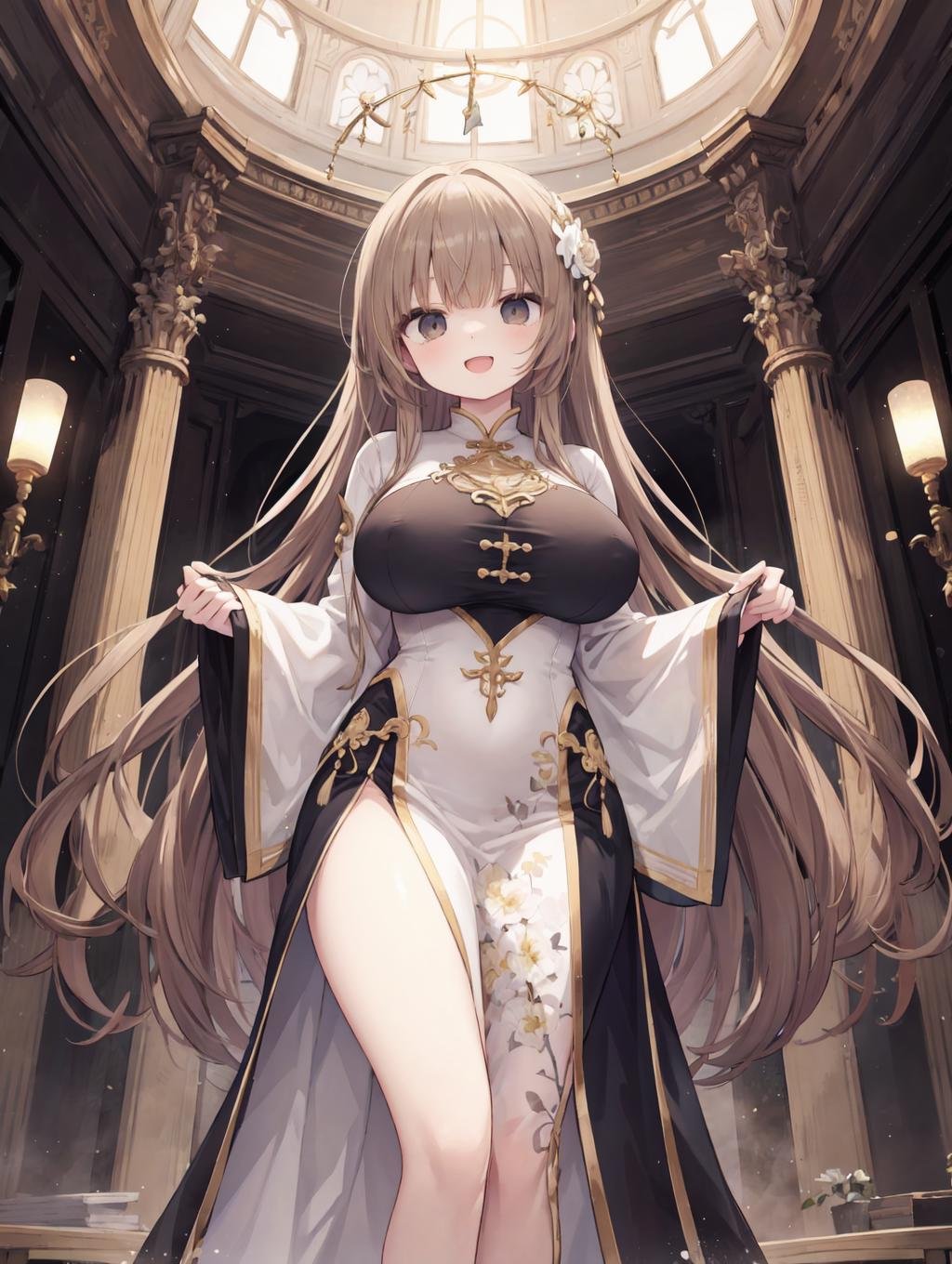 (masterpiece, best quality, highres:1.2), 1other, gigantic breasts, spring, victorian, cinematic lighting, absurdly long hair, light brown hair, micro bangs, black eyes, standing, undressing, white ao dai, seductive smile, open mouth, (very wide shot:1.4)