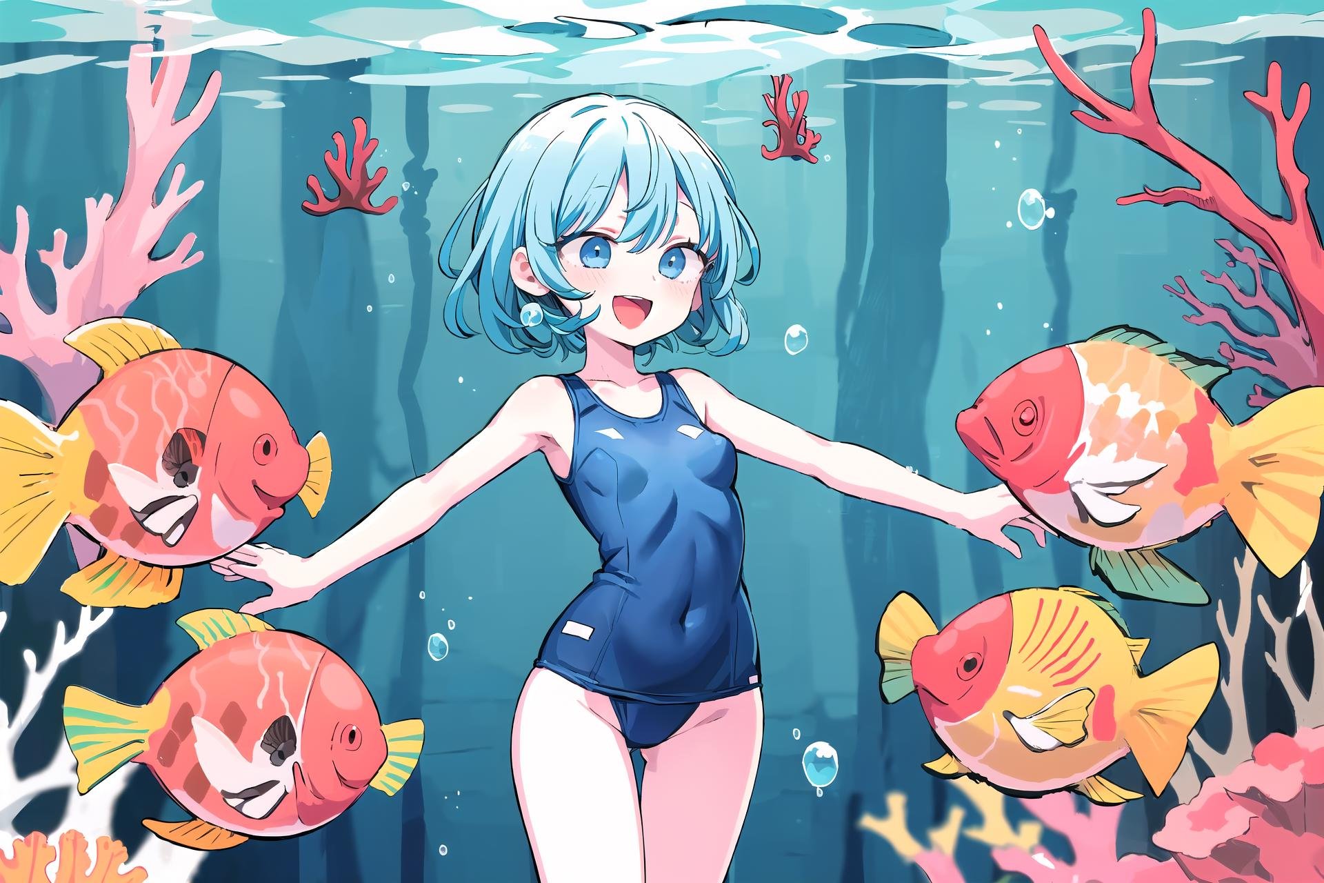 <lora:add_detail:0.6> , Petite, Solo, 1 girl, Small girl,  (Sky-blue hair, Curved bobl:1.2), Bangs between eyes, Blue eyes, Flat breasts, School swimsuit, (Laughing:1.2), Swimming, Spread arms, Coral, Fishes, (Air bubble:1.4), (Underwater:1.2)