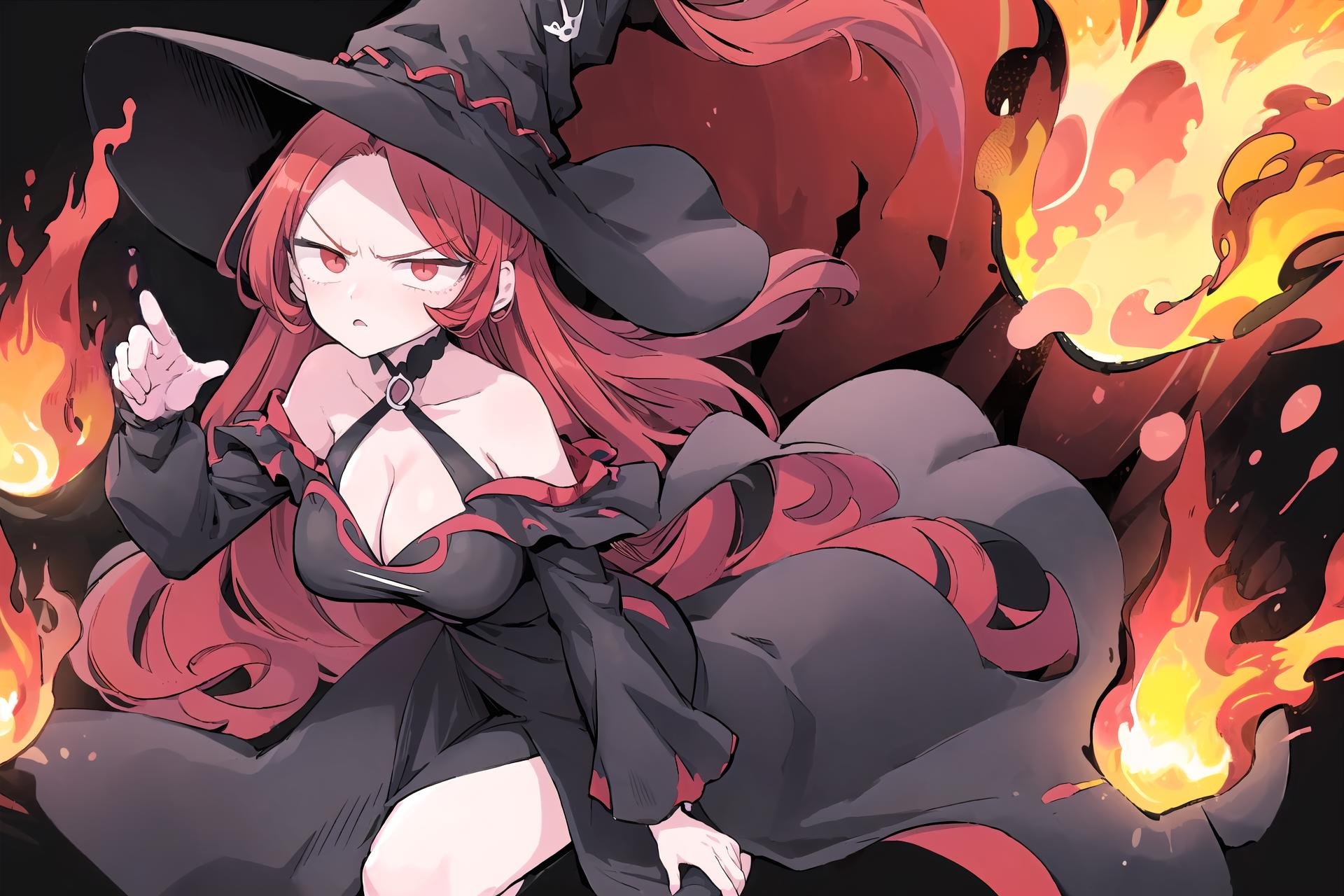 <lora:add_detail:0.6>, 1 girl, Solo, (Parted bangs:1.4), (Straight long dark-red hair:1.2), Glowing-red eyes, Huge breasts, Wide hips, (Annoyed :1.2), Off-shoulder, Cleavage, Black witch dress, (Swirling fire on background:1.4), Red sky, Pointing up