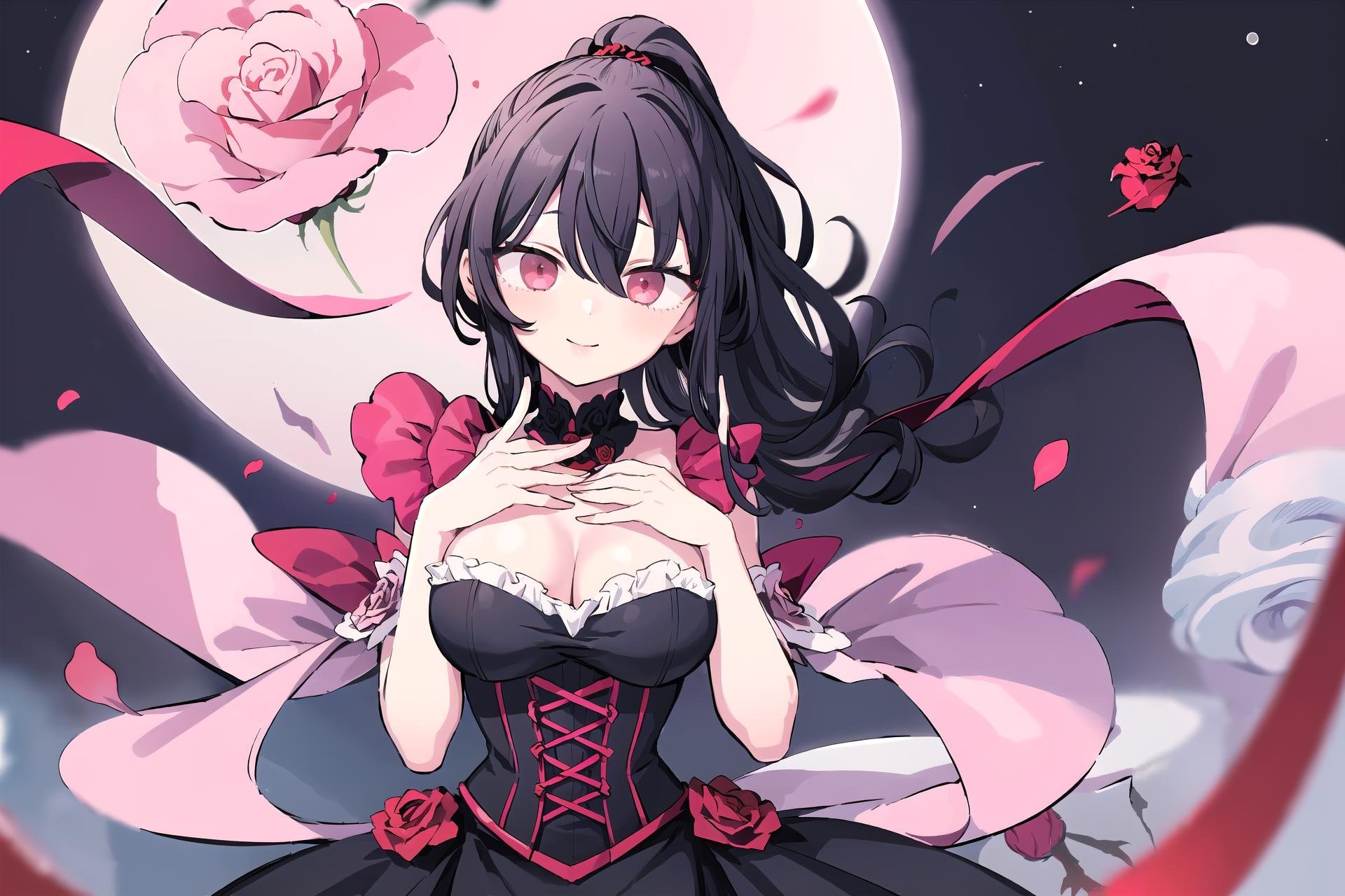 <lora:add_detail:0.6> , 1 girl, Solo, 1 girl, (Black hair, Long hair, Wavy ponytail:1.2), Bangs between eyes, Red eyes, Large breasts, Black corset dress, Smile, (Finger to cheek:1.2), Rose, (Floating rose petal:1.4), Looking at viewer, Night, Full moon