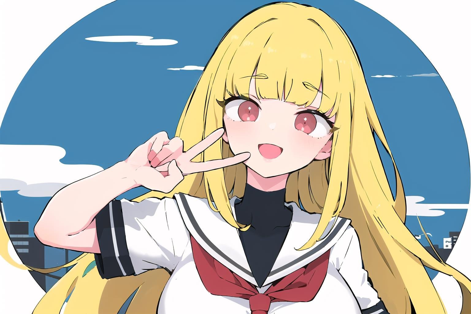 1 girl, Solo, Mature female, (Blonde, Straight hair, Absurdly long hair, Blunt bangs: 1.2), Red eyes, Huge breasts, School uniform, Smile, V-sign