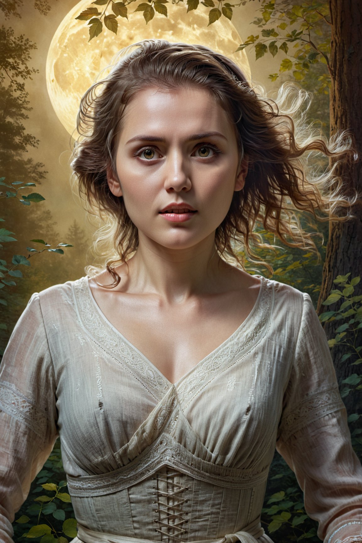 high quality, 8K Ultra HD, hyper-realistic, full body, A charming woman in a forest with a view of an old castle, The woman is portrayed in a moonlit setting, her features bathed in a soft, diffused glow that accentuates the delicate nuances of her expression. The artist, drawing from Sargent's precision, captures every subtle contour of her face, the intricacies of her gaze, and the cascading strands of her hair, In this mysterious ambiance, the artist employs da Vinci's mastery of shadow and light, creating an alluring interplay that accentuates the enigmatic aura surrounding the woman, Shadows dance across her features, enhancing the depth of her gaze and adding a touch of secrecy to the composition, by yukisakura, highly detailed,

,more saturation 