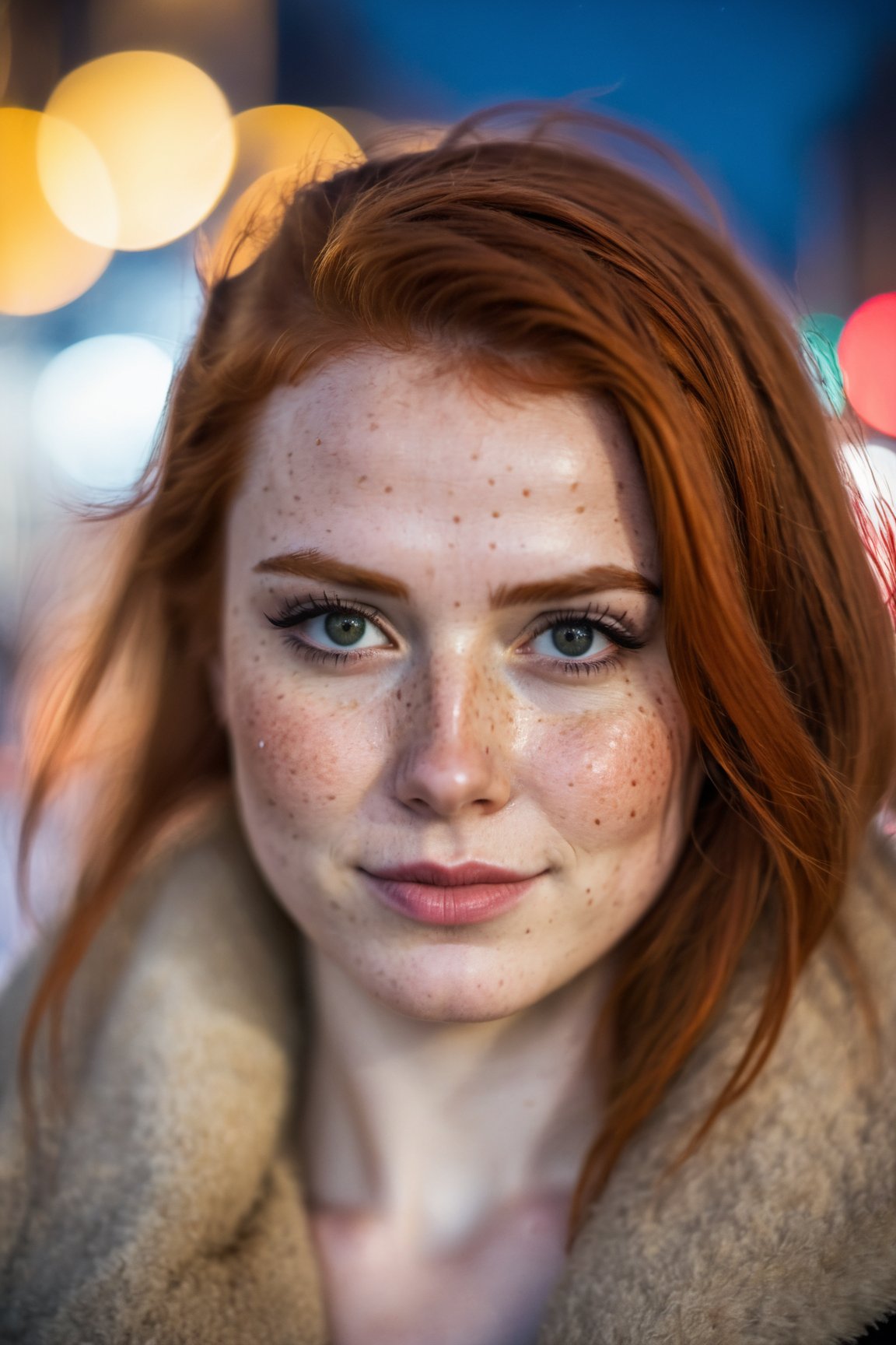 closed lips, cute smile, cinematic photo , Lush Girlfriend,, Rich ginger hair, Winter, tilt shift, Horror, specular lighting, film grain, , freckles . 35mm photograph, film, bokeh,, ,1 girl, 2 girls, fine details, Blade Runner, trending on artstation, smooth, brush strokes

