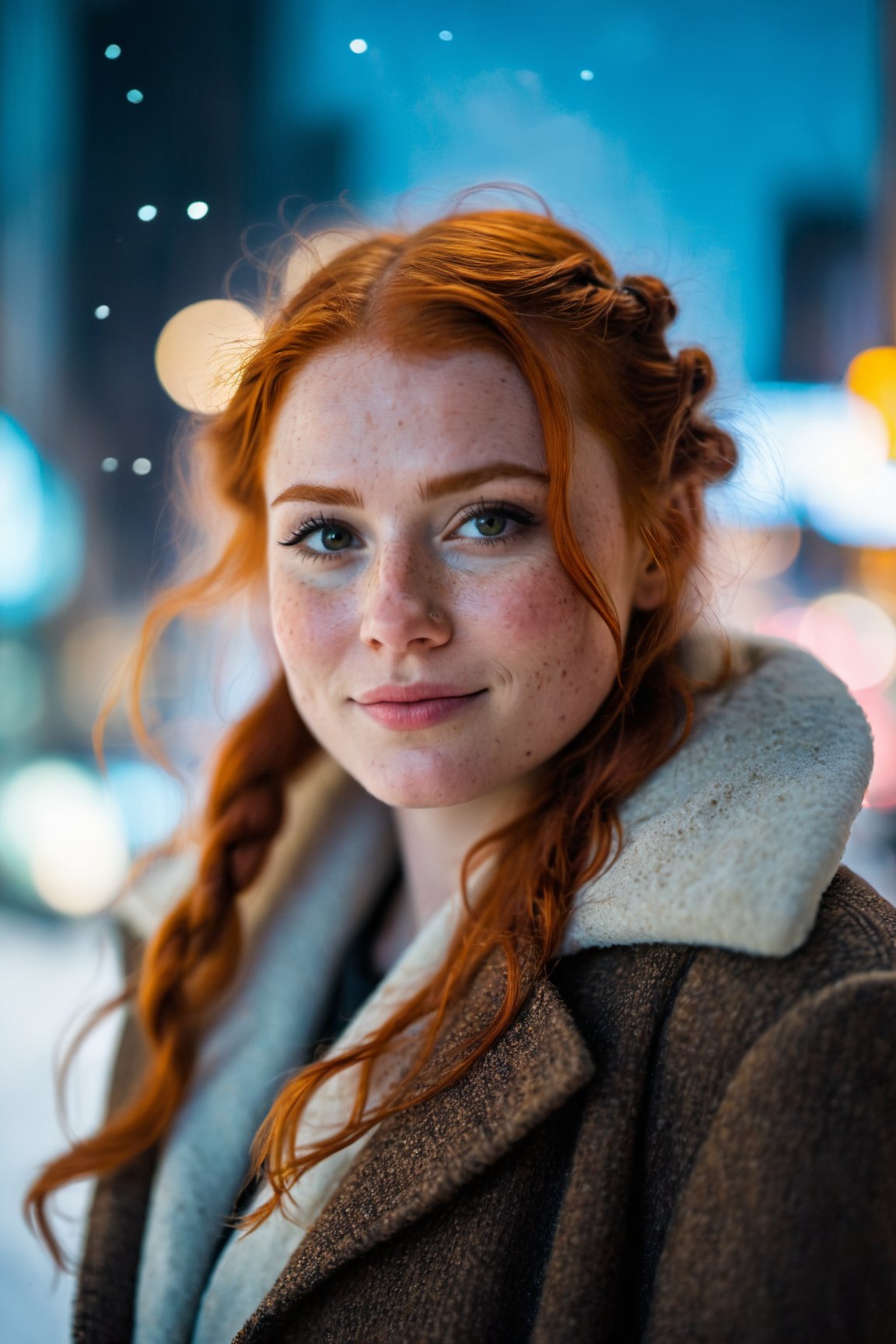 closed lips, cute smile, cinematic photo , Lush Girlfriend,, Rich ginger hair, Winter, tilt shift, Horror, specular lighting, film grain, , freckles . 35mm photograph, film, bokeh,, ,1 girl, 2 girls, fine details, Blade Runner, trending on artstation, smooth, brush strokes

