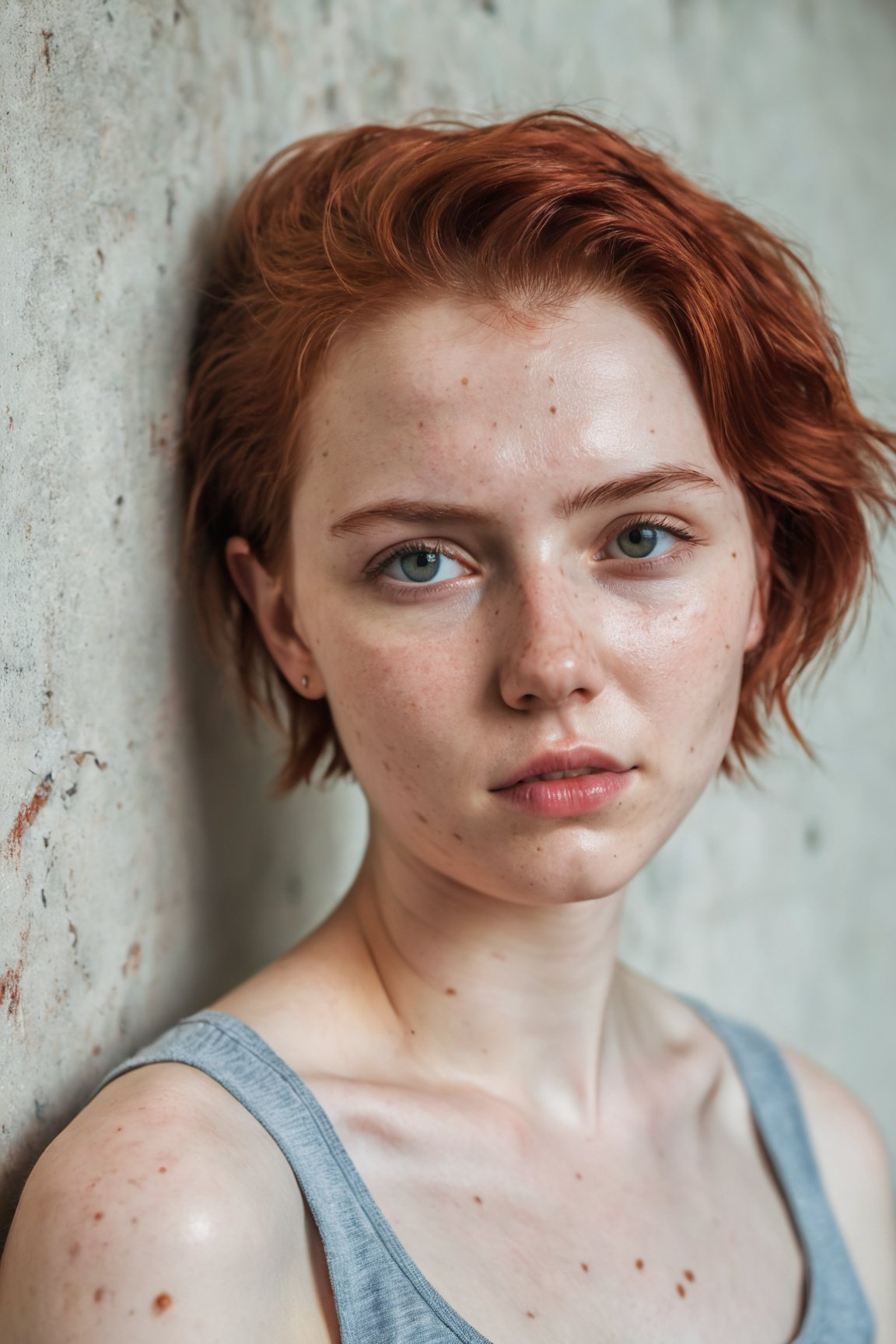 raw portraint photo of a beautiful cute 20yo woman leaning on a wall, skin moles, detailed skin, short red hair, cinematic shot
,more saturation 