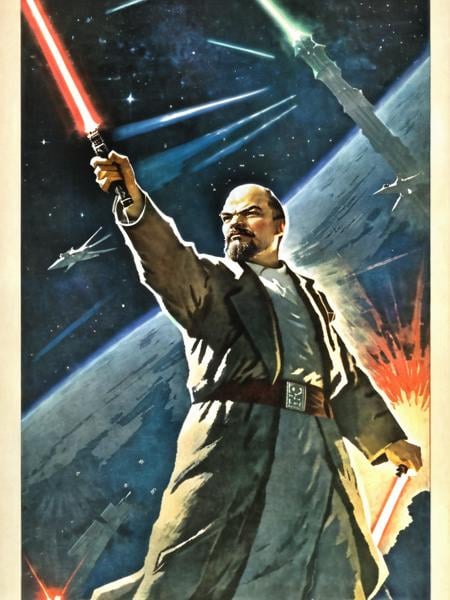 <lora:Soviet-poster:1.0> soviet poster,  Jedi Master Lenin rises lightsaber in space