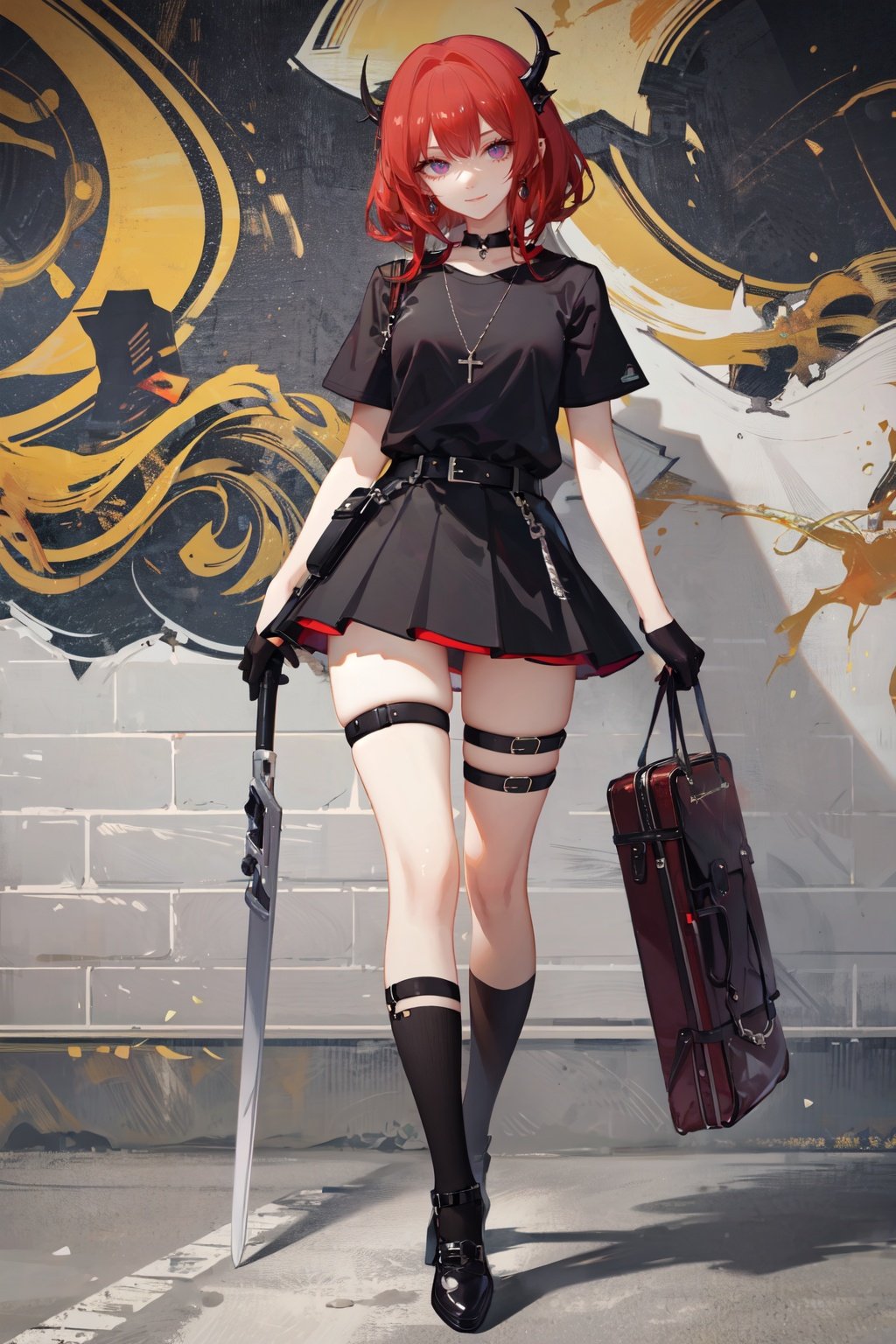 skateboard, 1girl, surtr \(arknights\), graffiti, purple eyes, horns, solo, red hair, skirt, official alternate costume, black socks, long hair, socks, gloves, shirt, black footwear, sword, black shirt, red skirt, looking at viewer, weapon, kneehighs, thigh strap, short sleeves, standing, miniskirt, black gloves, jewelry, belt, holding, full body, choker, shoes, bangs, demon horns, spray can, necklace, leg up<lora:ASKhdLycoris:0.6>,