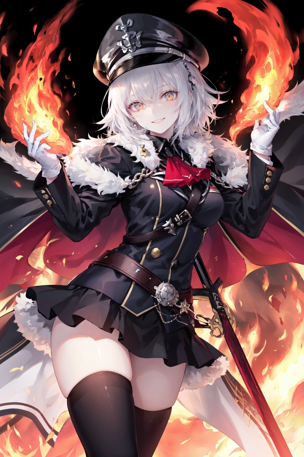 jeanne d'arc alter \(fate\), 1girl, jeanne d'arc alter \(avenger\) \(fate\), thighhighs, hat, solo, peaked cap, yellow eyes, smile, looking at viewer, skirt, military uniform, gloves, bangs, military, black thighhighs, pale skin, fur trim, white gloves, short hair, uniform, cape, fire, jacket, ascot, grin, military hat, zettai ryouiki, fur collar, fur-trimmed cape, long sleeves, signature, breasts, black skirt, white hair, black headwear, black cape, belt, thighs, black jacket, holding, military jacket, hair between eyes, parted lips<lora:kousakhdLycoris:0.5>,