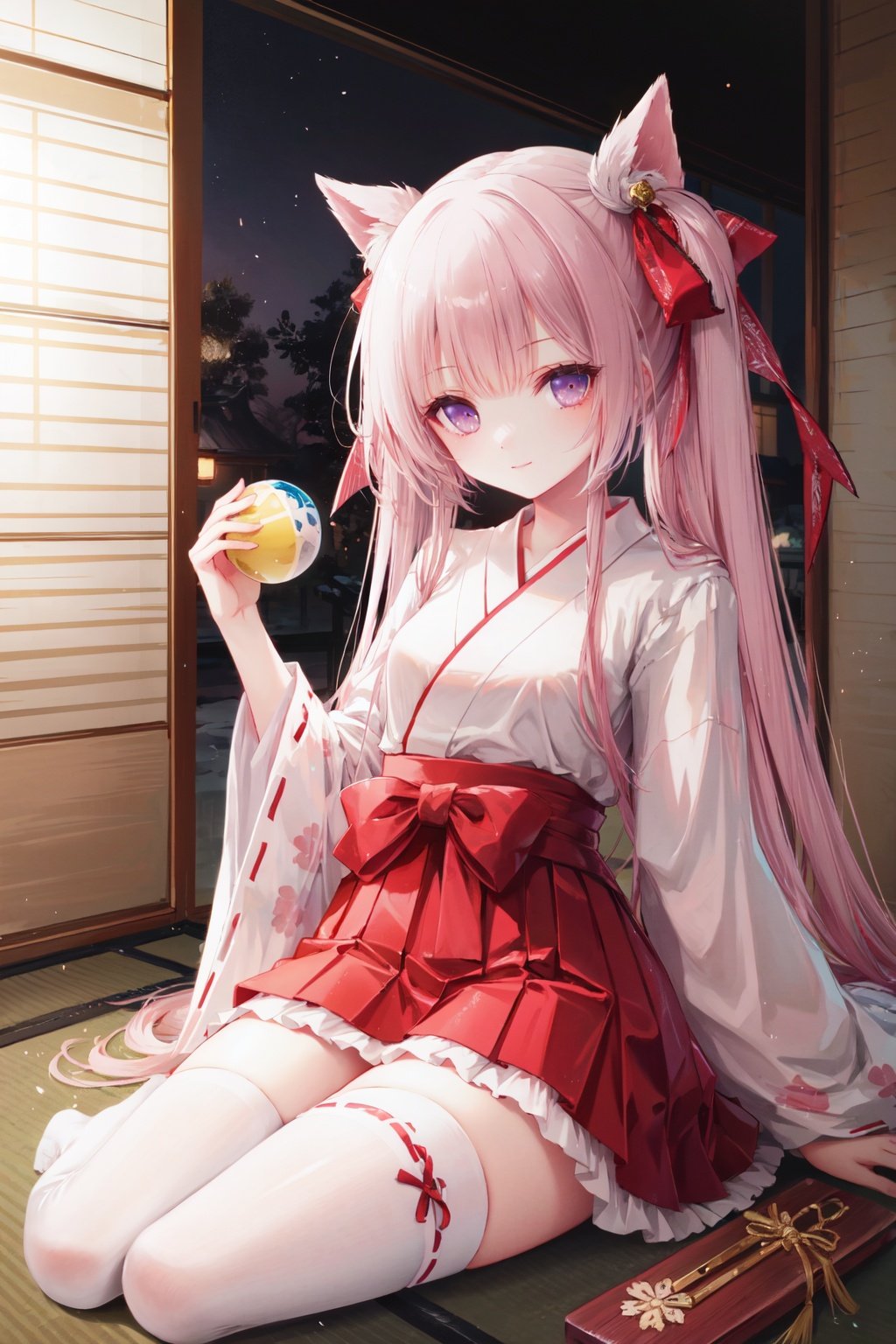 1girl,thighhighs,solo,long hair,japanese clothes,tatami,skirt,hakama skirt,sitting,ribbon trim,looking at viewer,ribbon,hakama short skirt,pink hair,white thighhighs,hakama,purple eyes,very long hair,ribbon-trimmed legwear,frills,kimono,indoors,bow,zettai ryouiki,ball,bangs,red hakama,ribbon-trimmed sleeves,long sleeves,blush,hair bow,arm up,frilled skirt,hair ribbon,holding,shiny,miko,red ribbon,<lora:tinklehdLycoris:0.5>,