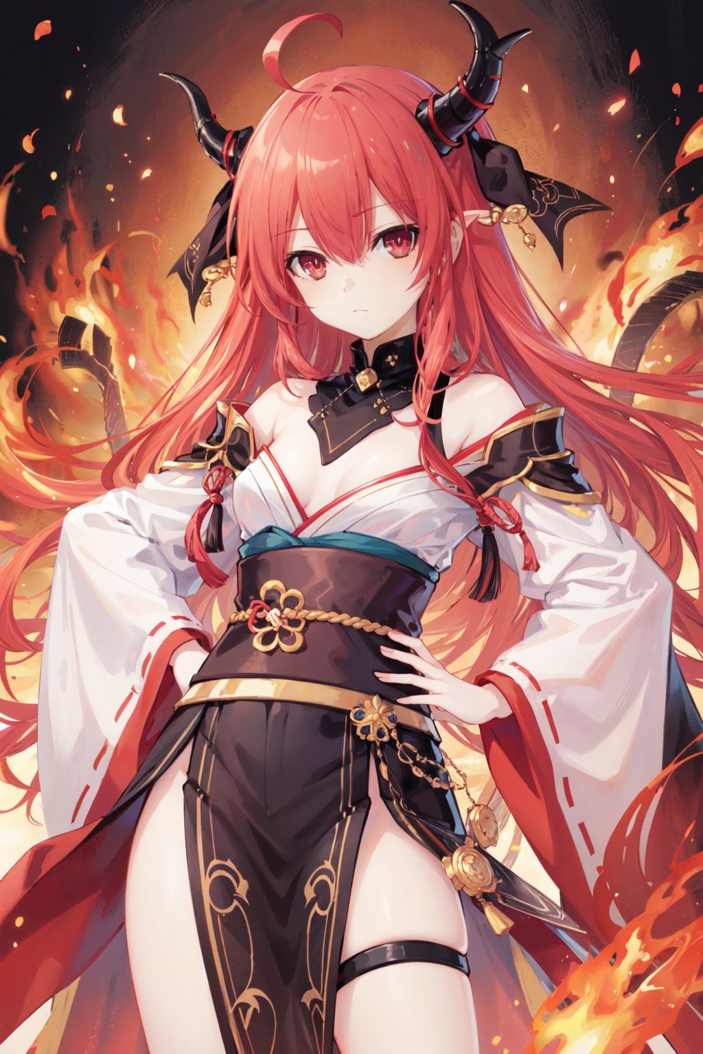 solo,1girl,red hair,long hair,red eyes,white background,bare shoulders,horns,ahoge,fire,hand on hip,simple background,looking at viewer,very long hair,japanese clothes,small breasts,ribbon,<lora:tsunako1hdLycoris:0.5>,