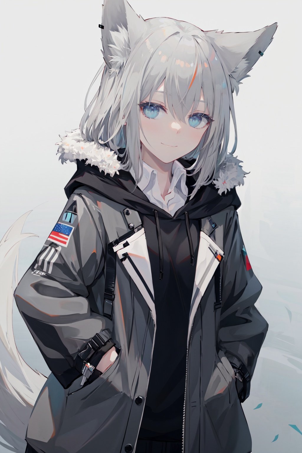 solo, 1girl, jacket, hair between eyes, shirt, gloves, bangs, tail, collared shirt, animal ears, black gloves, hand in pocket, half gloves, grey hair, closed mouth, gradient, open clothes, hood, white shirt, fur trim, animal ear fluff, gradient background, blue eyes, open jacket, grey background, dress shirt, long sleeves, hand up, looking at viewer, white background, grey jacket, hood down, black jacket, multicolored hair, wolf tail, drawstring, streaked hair<lora:lanbaihdLycoris:0.6>,