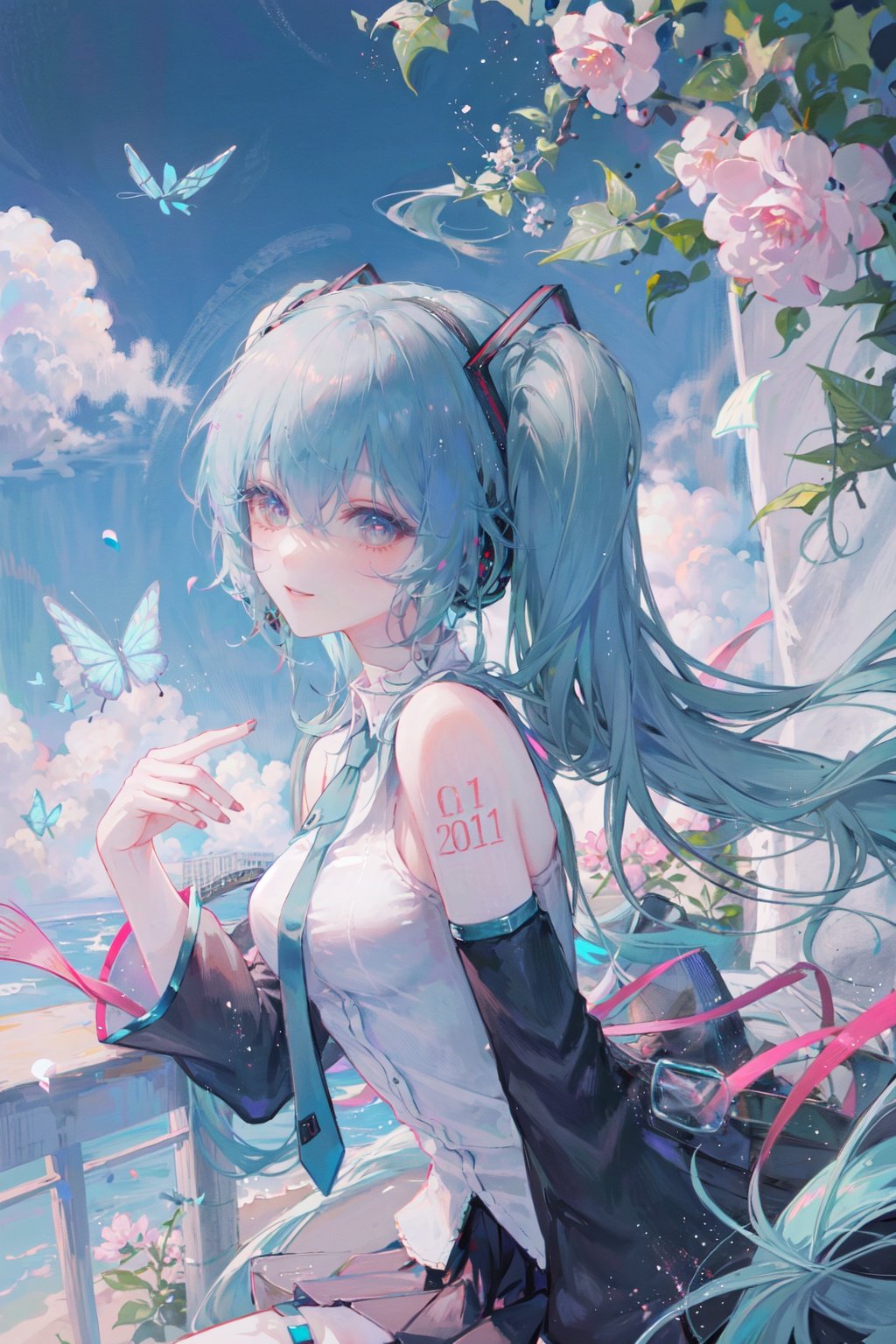 1girl, hatsune miku, solo, long hair, detached sleeves, twintails, butterfly, bug, skirt, very long hair, shirt, blue eyes, blue hair, flower, looking at viewer, pink flower, necktie, black skirt, tattoo, white shirt, parted lips, sleeveless, bangs, pleated skirt, black sleeves, sleeveless shirt, floating hair, bare shoulders, aqua hair<lora:matchahdLycoris:0.6>,