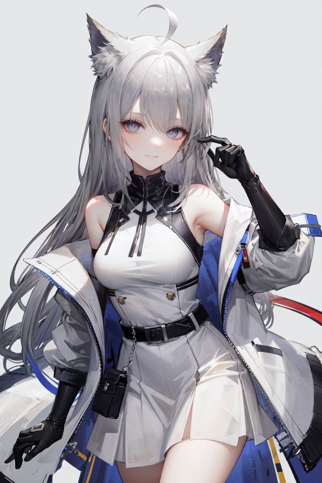 1girl, solo, dress, long hair, jacket, gloves, black gloves, simple background, animal ears, open jacket, white dress, grey background, blue eyes, open clothes, looking at viewer, sleeveless dress, sleeveless, parted lips, off shoulder, bangs, pouch, grey hair, belt, hair intakes, grey jacket, bare shoulders, breasts, ahoge, black background, cowboy shot, belt pouch, grey dress, white jacket, animal ear fluff<lora:xiaorizihdLycoris:0.5>,