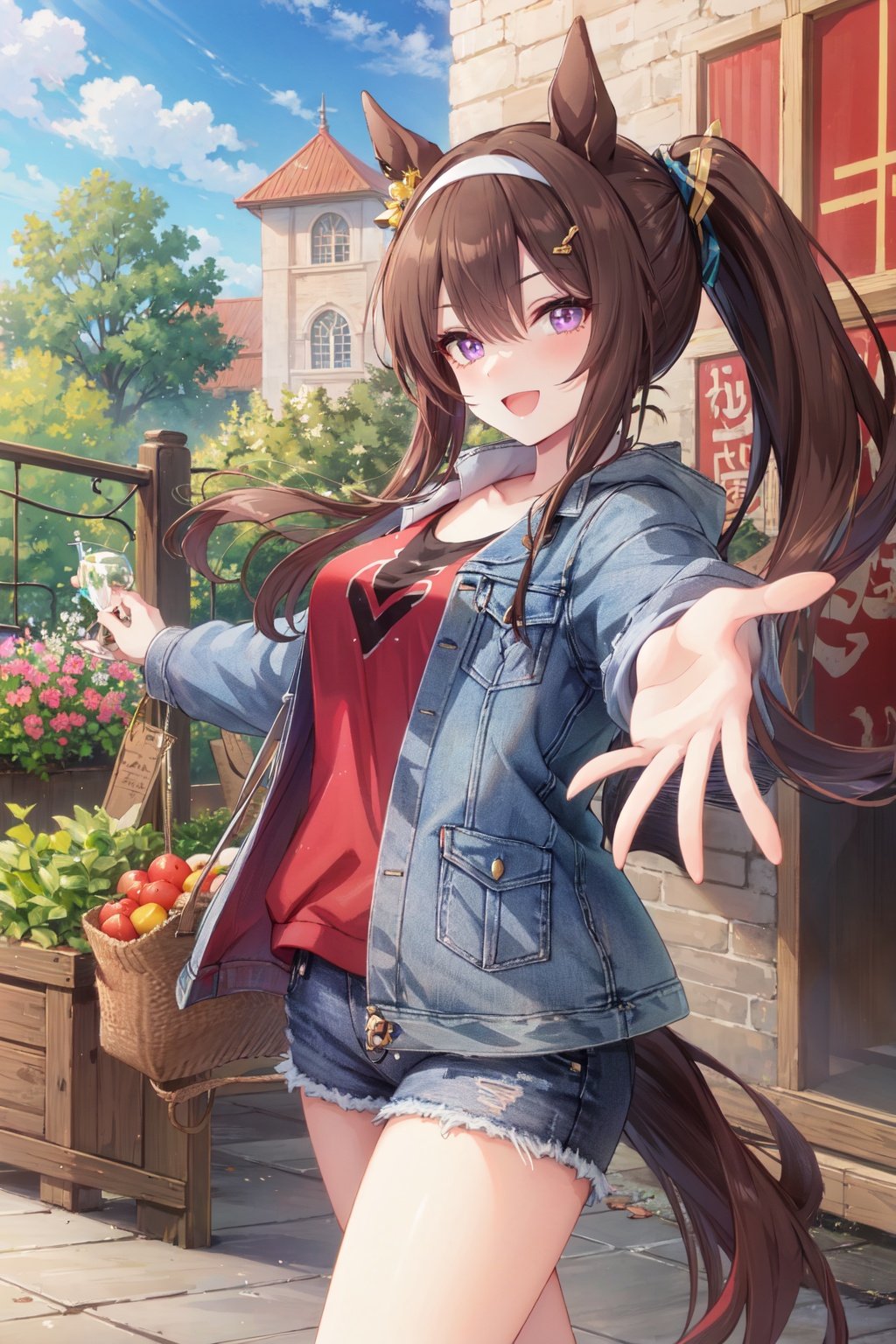 denim jacket, 1girl, brown hair, horse ears, animal ears, solo, symbol in eye, smile, long hair, horse girl, food, blue jacket, black shirt, shirt, tail, horse tail, purple eyes, ponytail, jacket, open mouth, :d, shorts, looking at viewer, hairband, denim, open clothes, outdoors, collarbone, tree, v-shaped eyebrows, lettuce, blush, ear ornament, blue shorts, symbol-shaped pupils, open jacket, sunlight, denim shorts, emphasis lines, holding, giving, day, vegetable, outstretched arms, bangs<lora:taotingyuanhdLycoris:0.3:lbw=NF>,<lora:PrettyDerbyhdLycoris:0.5>,