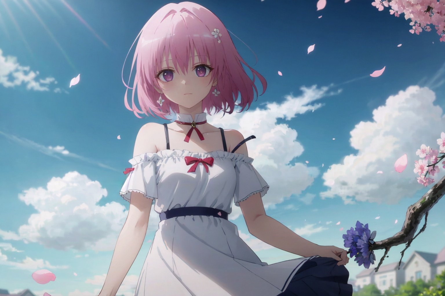 cherry_blossoms,falling_petals,petals,branch,pink_flower,1girl,blue_sky,spring_\(season\),petals_on_liquid,flower,hanami,dress,pink_hair,solo,day,sky,short_hair,outdoors,cloud,bangs,smile,pink_eyes,white_dress,bare_shoulders,earrings,breasts,holding_flower,wind,tree,looking_at_viewer,cowboy shot,<lora:tolovehdLycoris:0.6>,