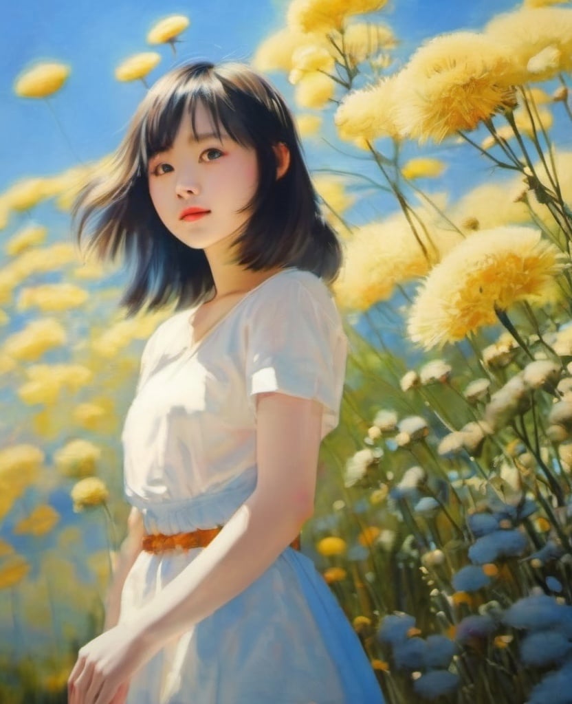 shuicai,flower, 1 girl, perfect light and shadow,Background blurring,Fuzzy,blue sky, <lora:水彩风格_花卉XL:0.6>, masterpiece, best quality,