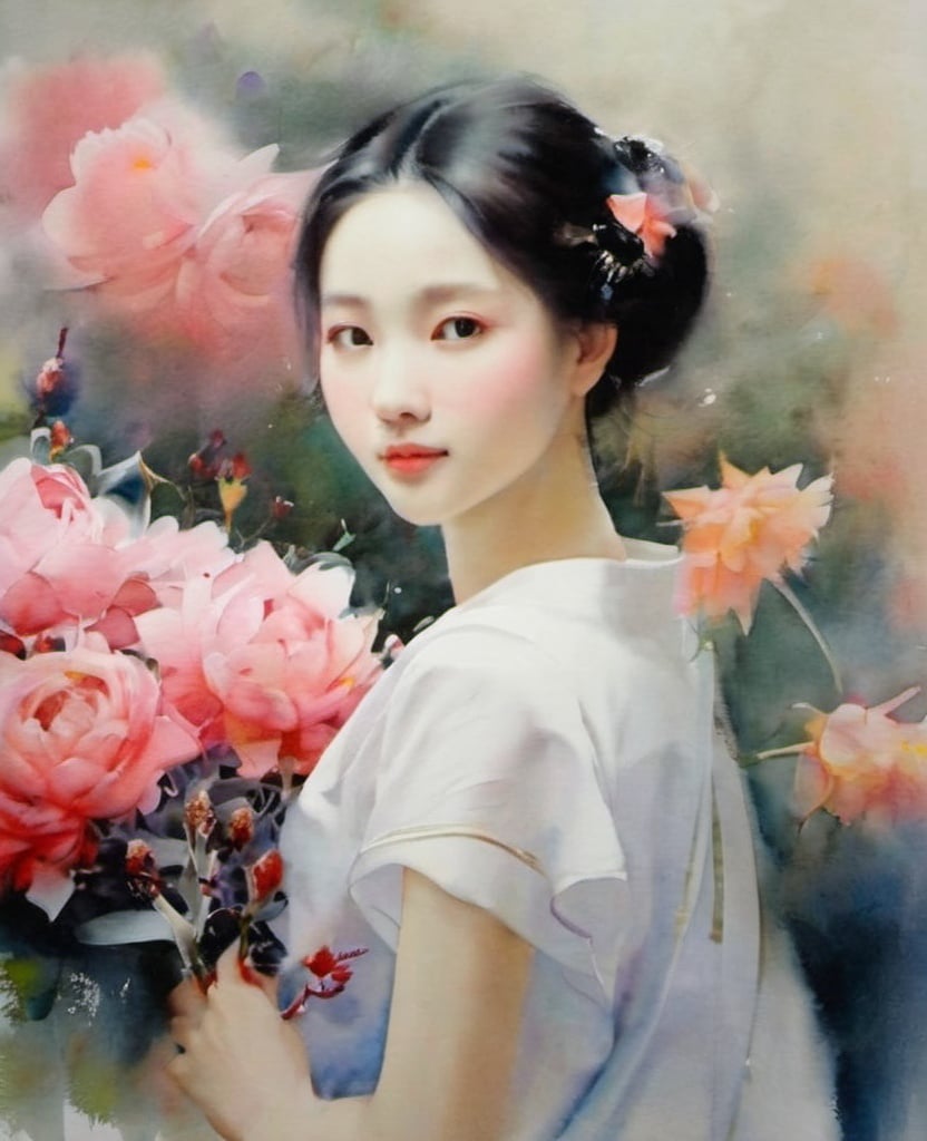 shuicai,1girl,flower, <lora:水彩风格_花卉XL:0.6>, masterpiece, best quality,