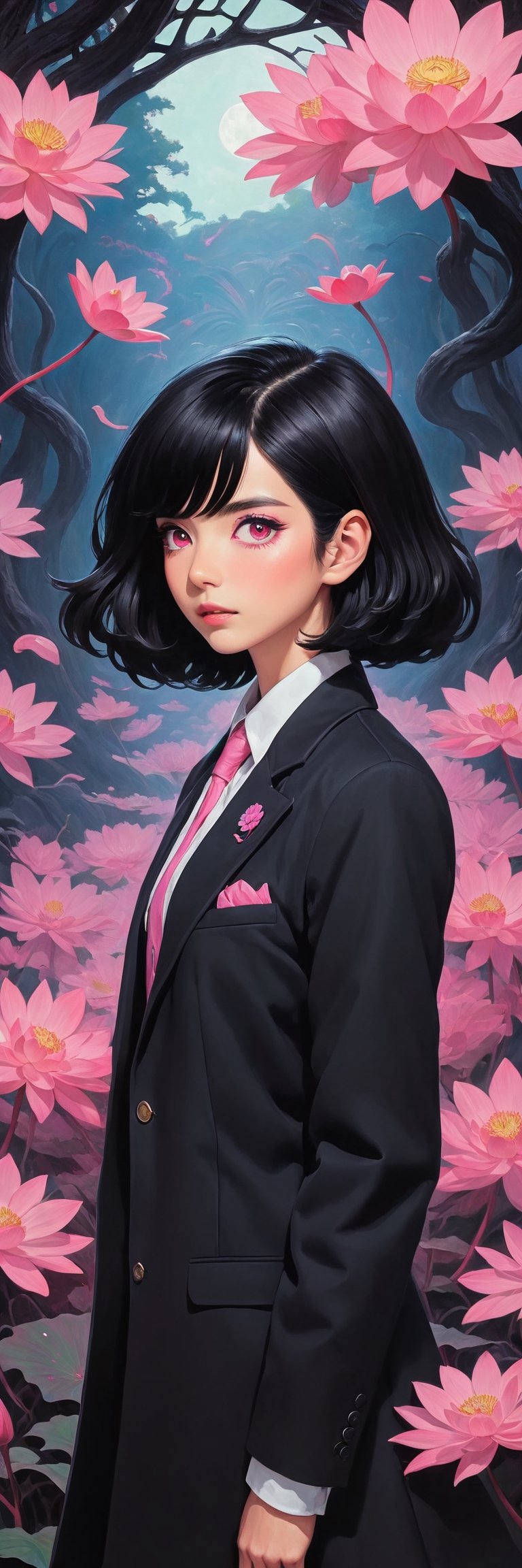 (Arielfstyle:1.0), Retro Ghibli scene, dark dream, terror, creepy, Painting, lovecraftian, Ameinu, Black hair, black jackets, black hair, devil, blossom, high resolution, blazer, pink Eyes, Pink flower, pink lotus,, rozen, shirt, Short hair, White shirts, Halloween theme, style of Ghibli studio,masterpiece, best quality,HellAI,Enhanced All