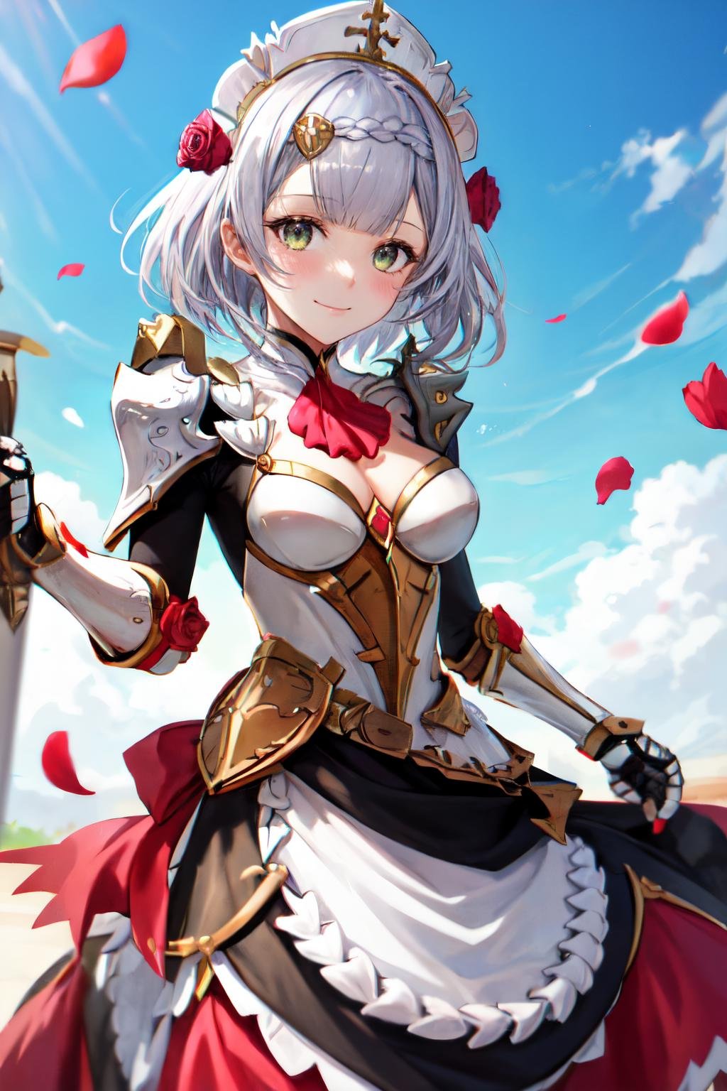 <lora:noelle_genshin_impact:1>noelle gi, outdoors, maid headdress, closed mouth, holding, red rose, red ascot, shoulder armor, solo, ascot, armored dress, hair ornament, armor, petals, smile, holding flower, 1girl, looking at viewer, cleavage, gauntlets, blush, medium breasts