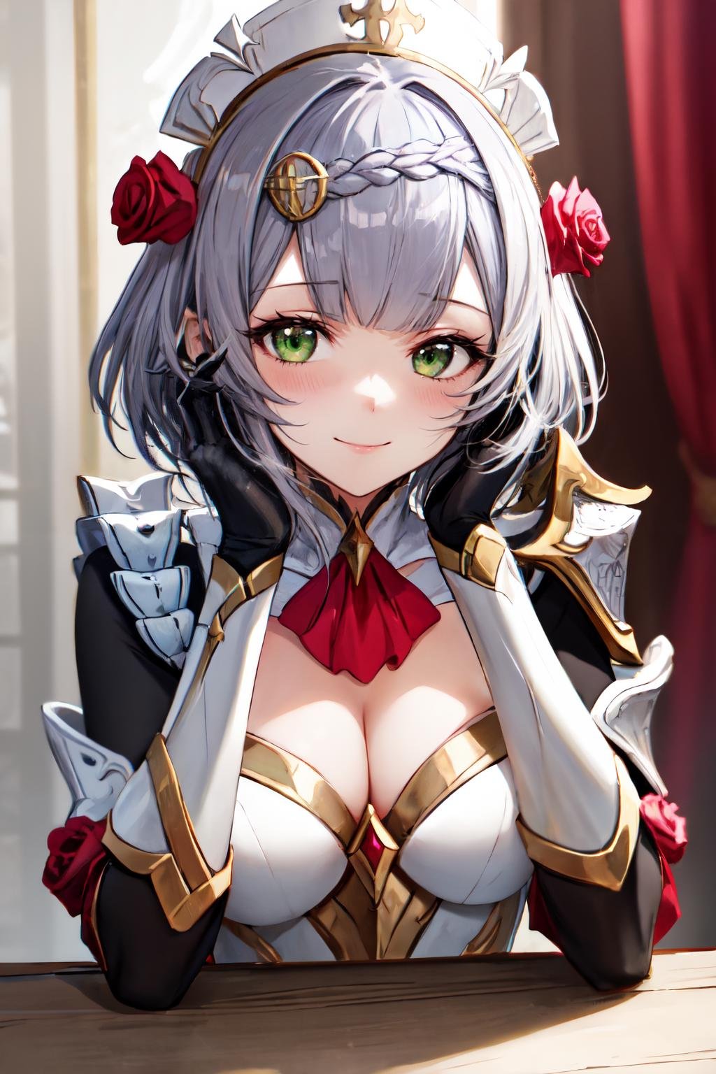 <lora:noelle_genshin_impact:1>noelle gi, maid headdress,green eyes, closed mouth, upper body, red rose, solo, armored dress, hair flower, hair ornament, armor, smile, 1girl, looking at viewer, cleavage, gauntlets, blush, head rest