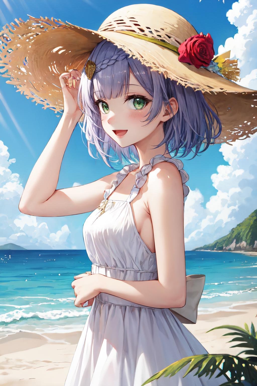 <lora:noelle_genshin_impact:1>noelle gi, outdoors, white dress, sun hat, ocean, red rose, sundress, hair flower, :d, hair ornament, from side, smile, day, open mouth, bare shoulders, looking at viewer, sleeveless dress, hat, beach, blush, cloud, blue sky, solo focus,green eyes
