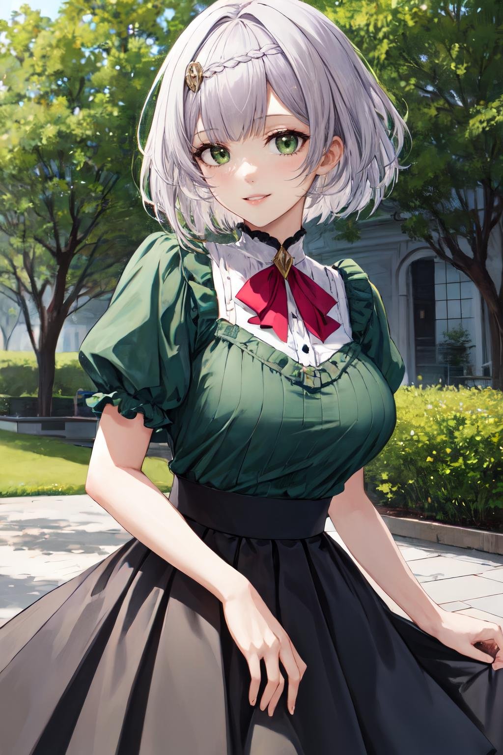 <lora:noelle_genshin_impact:1>noelle gi,green eyes, 1girl,solo, short hair, parted lips, large breasts,looking at viewer, upper body,smile, vintage-inspired tea dress with a Peter Pan collar, short sleeves, and a pleated skirt,
