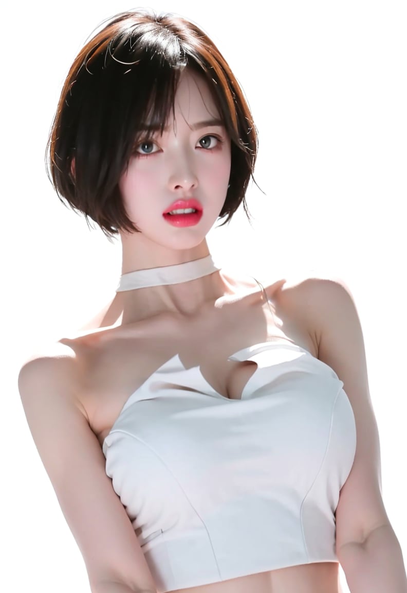 1girl, solo, upper body, looking at viewer, white background, short hair, glowing, crop top, underboob, cleavage, large breasts, choker,  <lora:AriN-01 (1):1> <lora:breastsizeslideroffset:0.3>