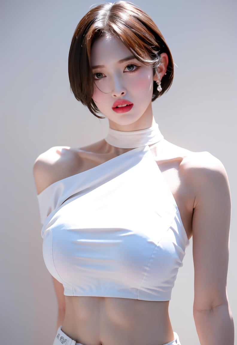 1girl, solo, upper body, looking at viewer, white background, short hair, glowing, crop top, underboob, cleavage, large breasts, choker,  <lora:AriN-01 (1):1> <lora:breastsizeslideroffset:0.3>