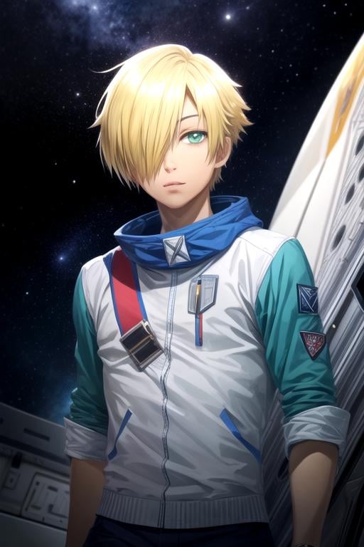 masterpiece, best quality, game cg, 1boy, solo, male focus, looking at viewer, upper body, , ligne claire, realistic, <lora:knell_hydra:0.82>, knell_hydra, blonde hair, green eyes, hair over one eye, short hair, , space station,