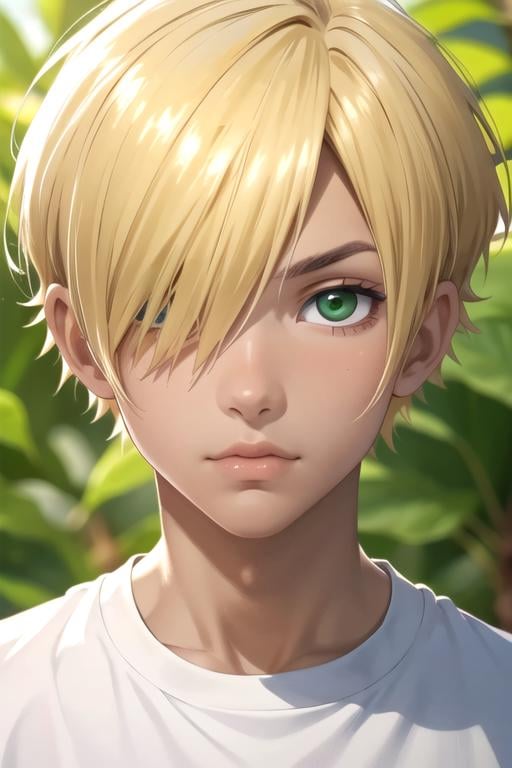 masterpiece, best quality, wallpaper, 1boy, solo, male focus, looking at viewer, upper body, , anime coloring, , <lora:knell_hydra:0.66>, knell_hydra, blonde hair, green eyes, hair over one eye, short hair, , , HD-DVD