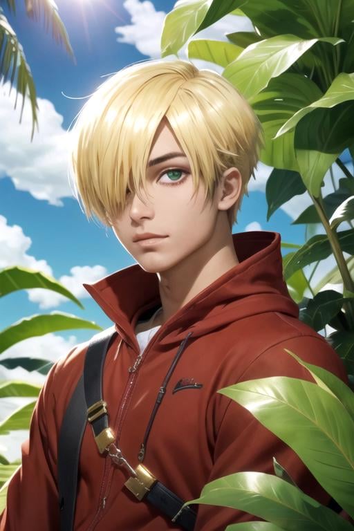 masterpiece, best quality, wallpaper, 1boy, solo, male focus, looking at viewer, upper body, , , , <lora:knell_hydra:0.68>, knell_hydra, blonde hair, green eyes, hair over one eye, , devil costume, A tropical paradise where the sun shines brightly every day,