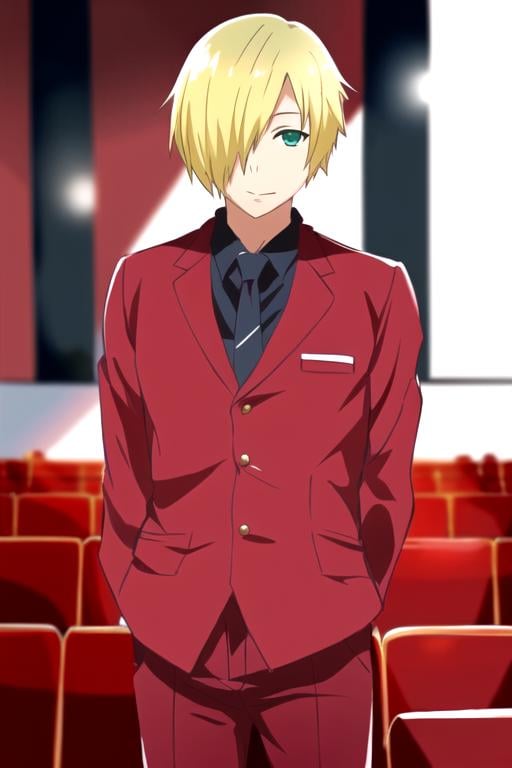 masterpiece, best quality, photorealistic, 1boy, solo, male focus, looking at viewer, , depth of field, anime coloring, realistic, <lora:knell_hydra:0.78>, knell_hydra, blonde hair, green eyes, hair over one eye, , demon costume, movie theater,