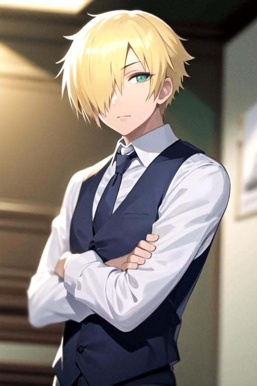 masterpiece, best quality, photorealistic, 1boy, solo, male focus, looking at viewer, upper body, depth of field, anime coloring, , <lora:knell_hydra:0.66>, knell_hydra, blonde hair, green eyes, hair over one eye, , waistcoat, , science fiction noir, High resolution