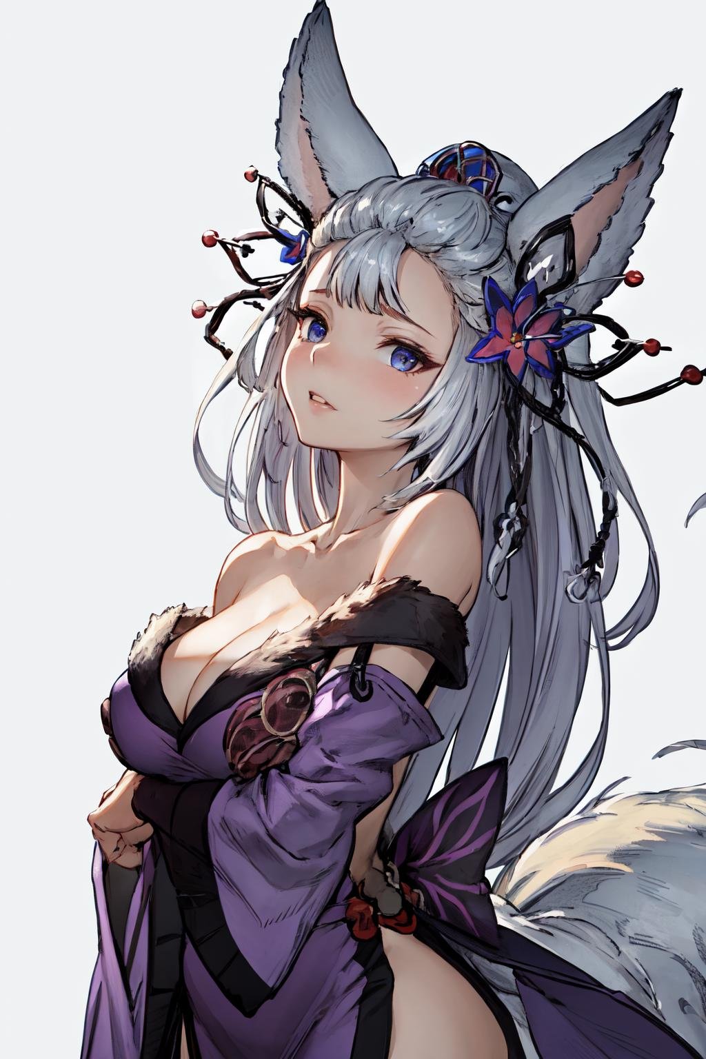 masterpiece, (detailed, highres, best quality), 1girl, <lora:spgbfSociette-08:1> societtefr, fox tail, bare shoulders, hair flower, cleavage, purple dress, purple detached sleeves, sideboob, white background